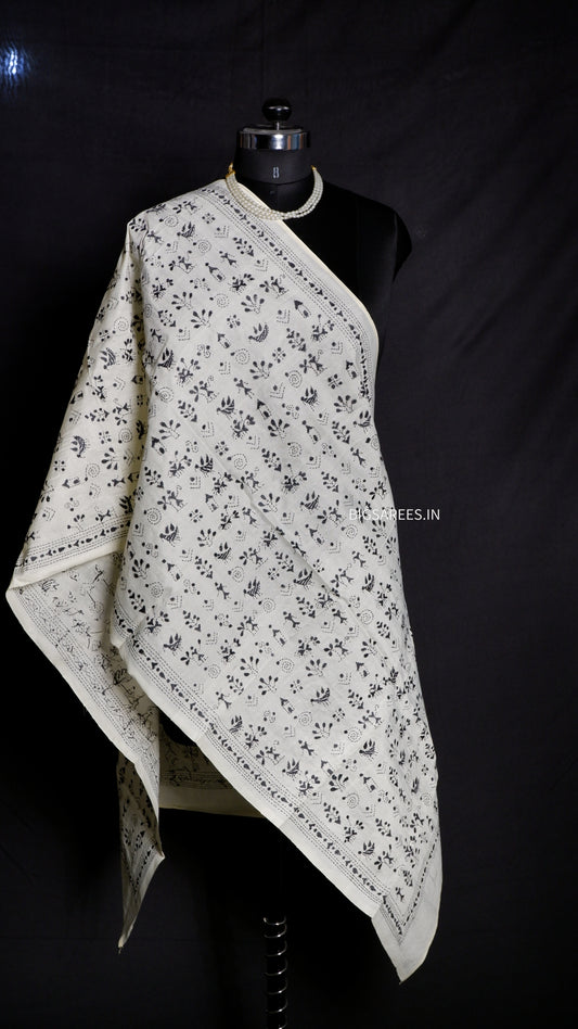 Kantha Semi Tussar Silk Stole | Off-White | 22" |