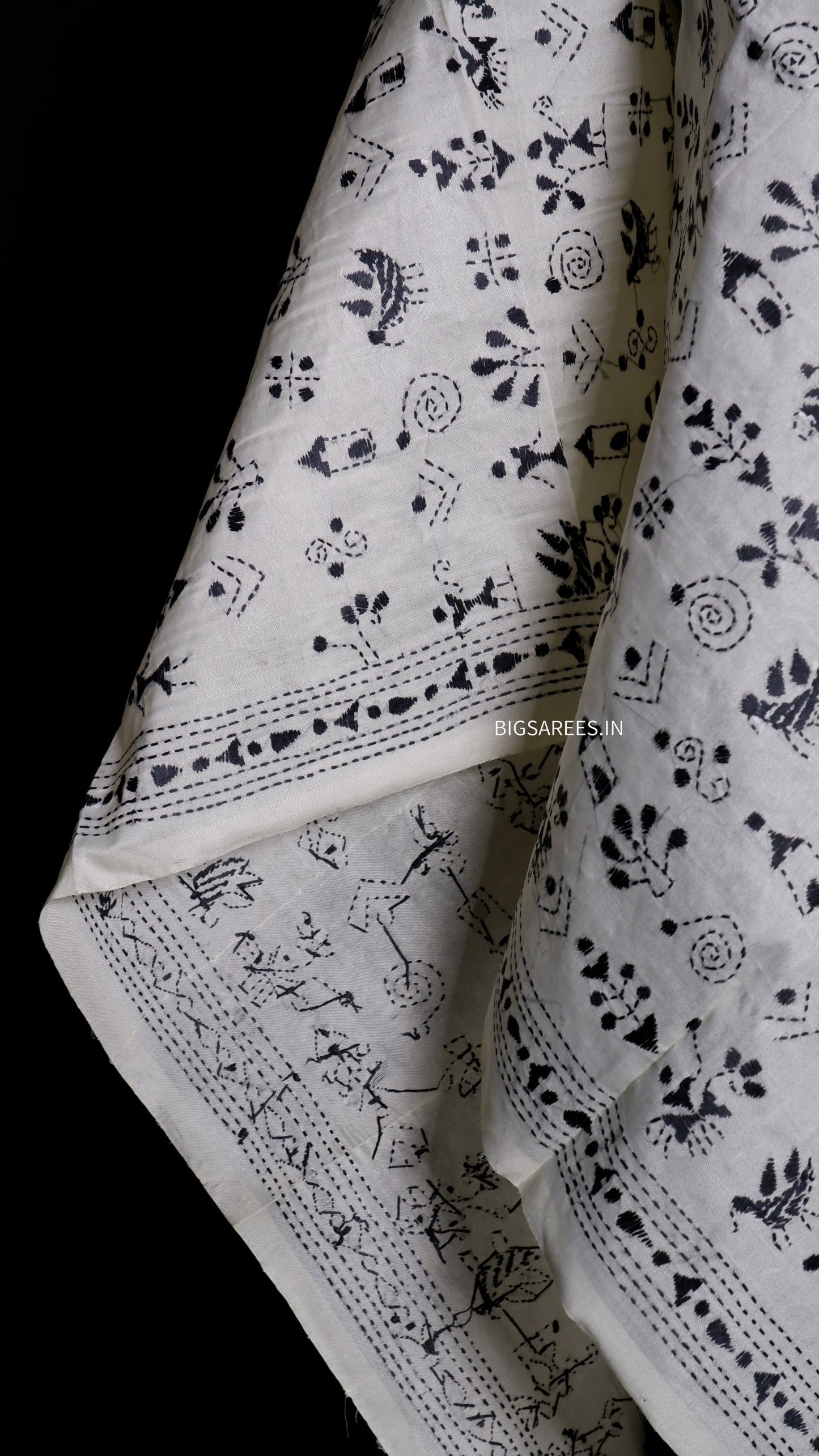 Kantha Semi Tussar Silk Stole | Off-White | 22" |