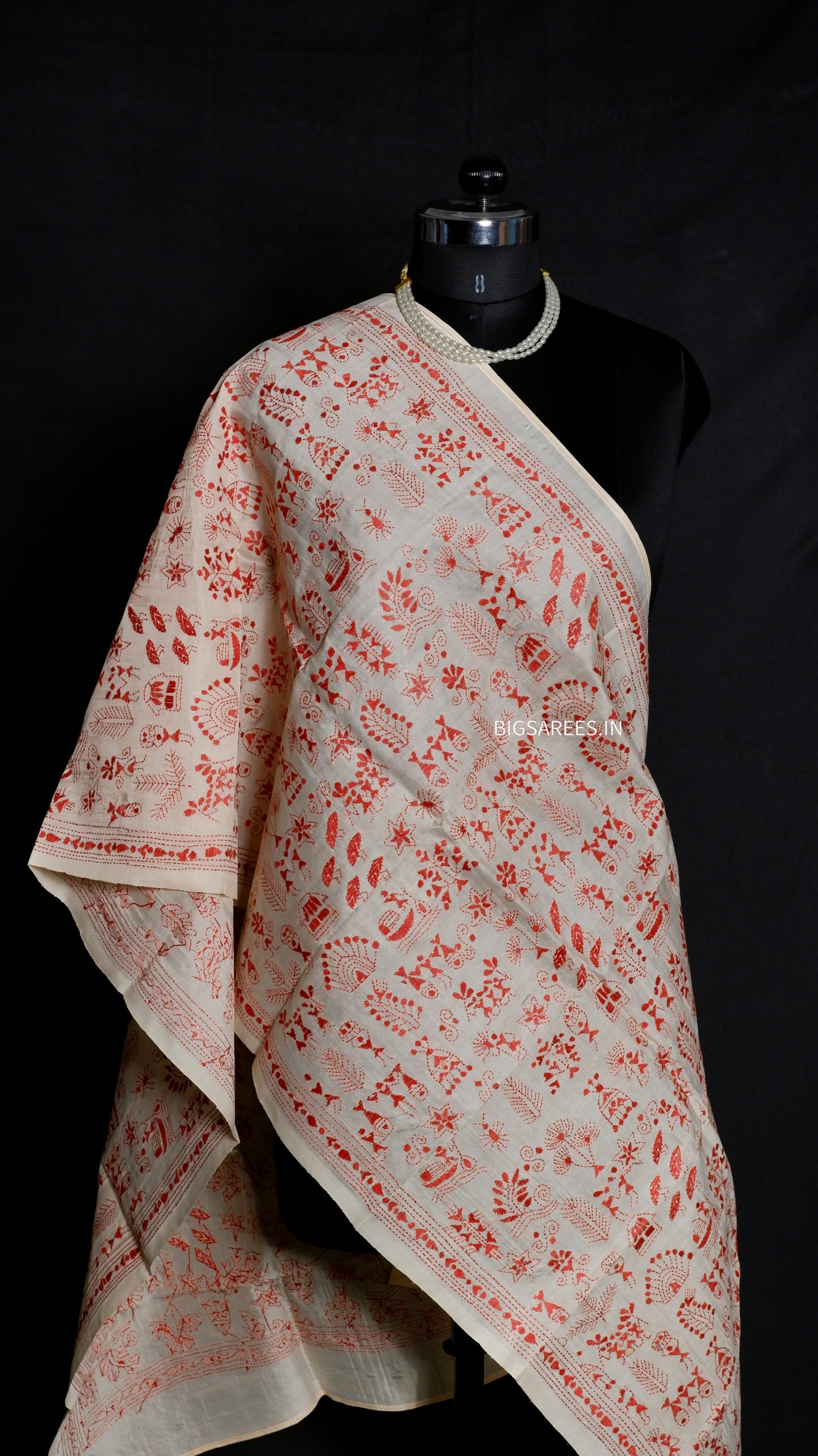 Kantha Semi Tussar Silk Stole | Off-White | 22" |