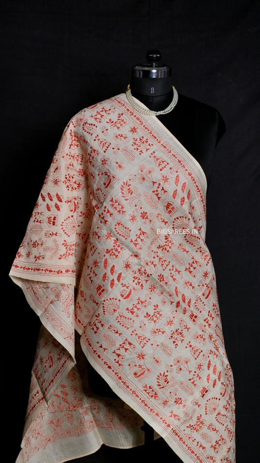 Kantha Semi Tussar Silk Stole | Off-White | 22" |