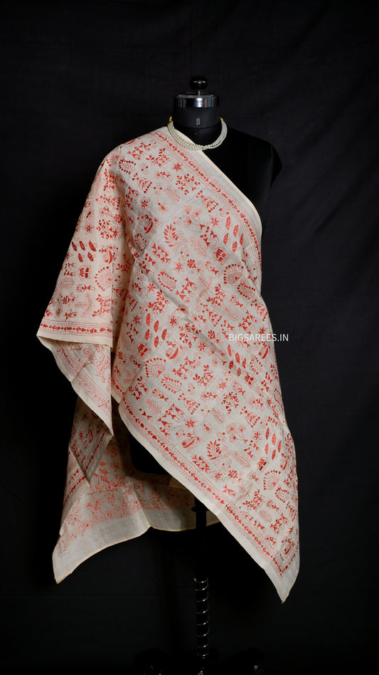 Kantha Semi Tussar Silk Stole | Off-White | 22" |