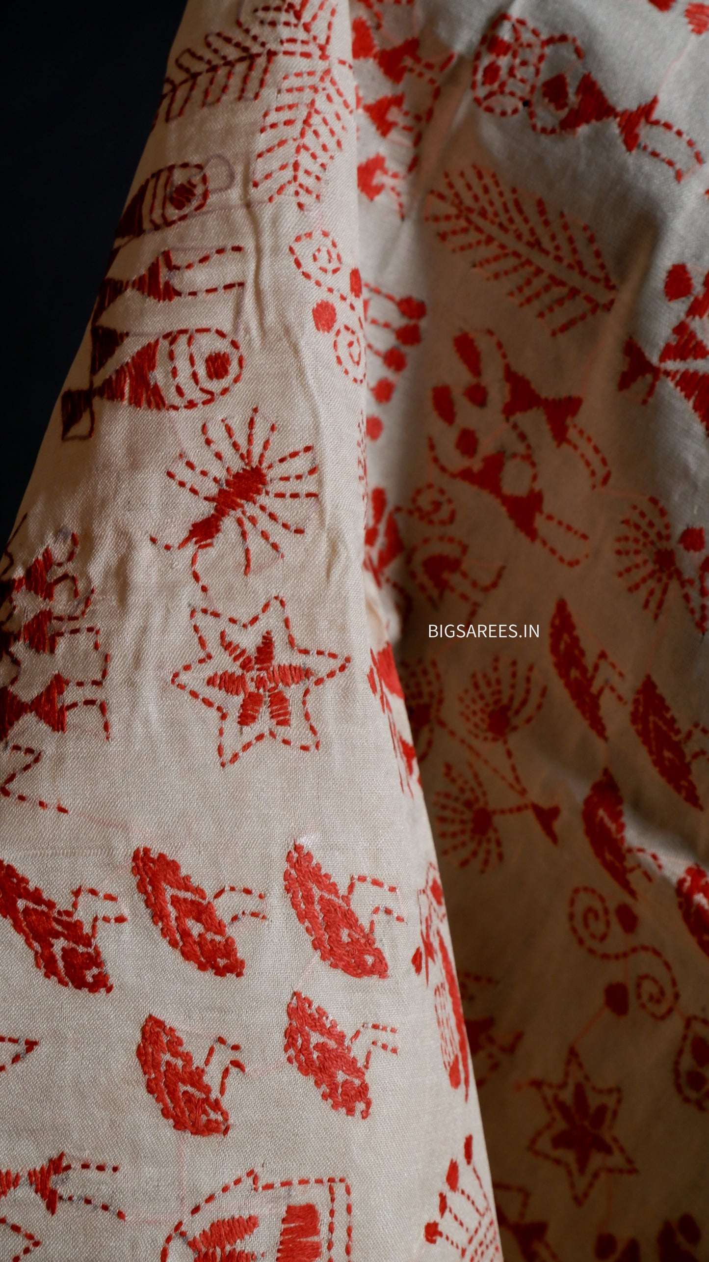 Kantha Semi Tussar Silk Stole | Off-White | 22" |