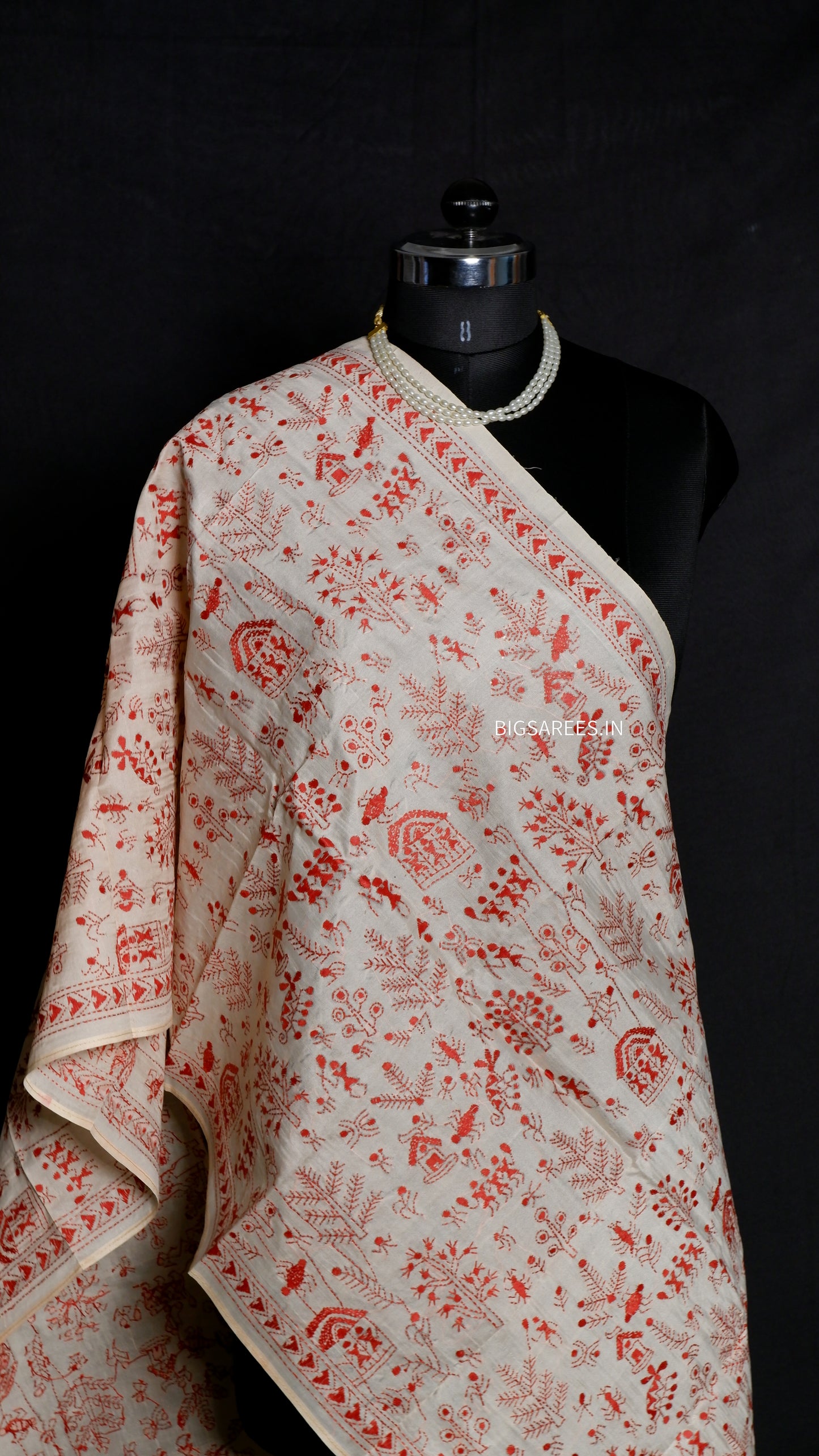 Kantha Semi Tussar Silk Stole | Off-White | 22" |