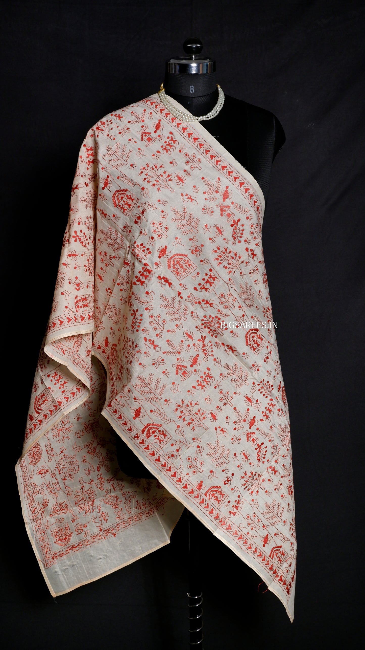 Kantha Semi Tussar Silk Stole | Off-White | 22" |