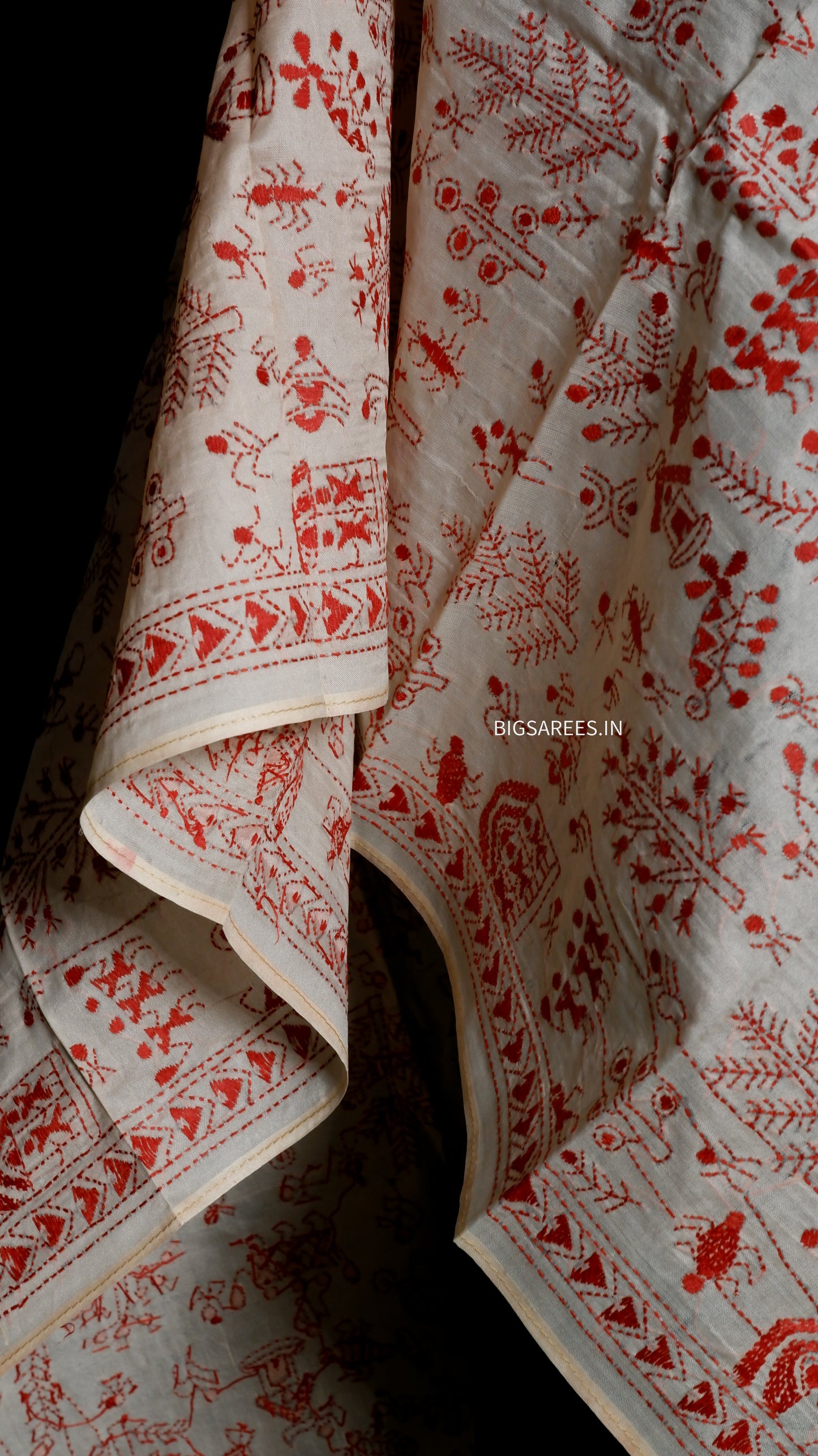 Kantha Semi Tussar Silk Stole | Off-White | 22" |