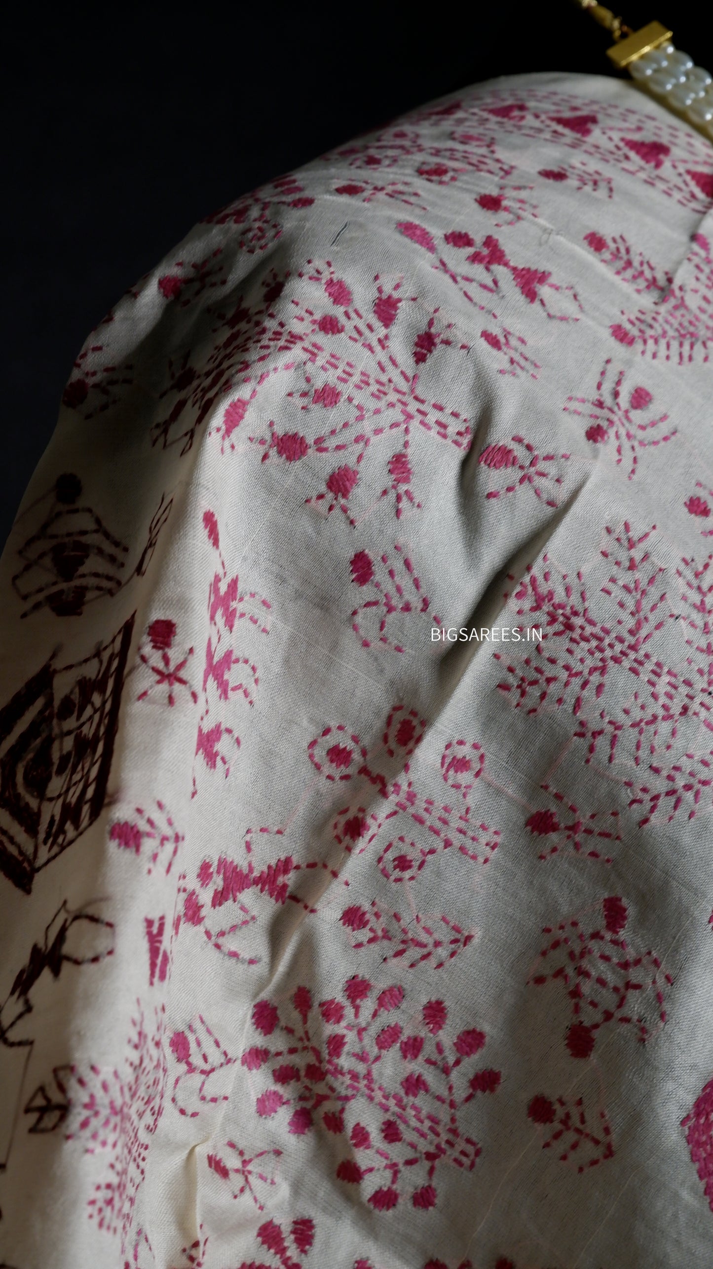 Kantha Semi Tussar Silk Stole | Off-White | 22" |