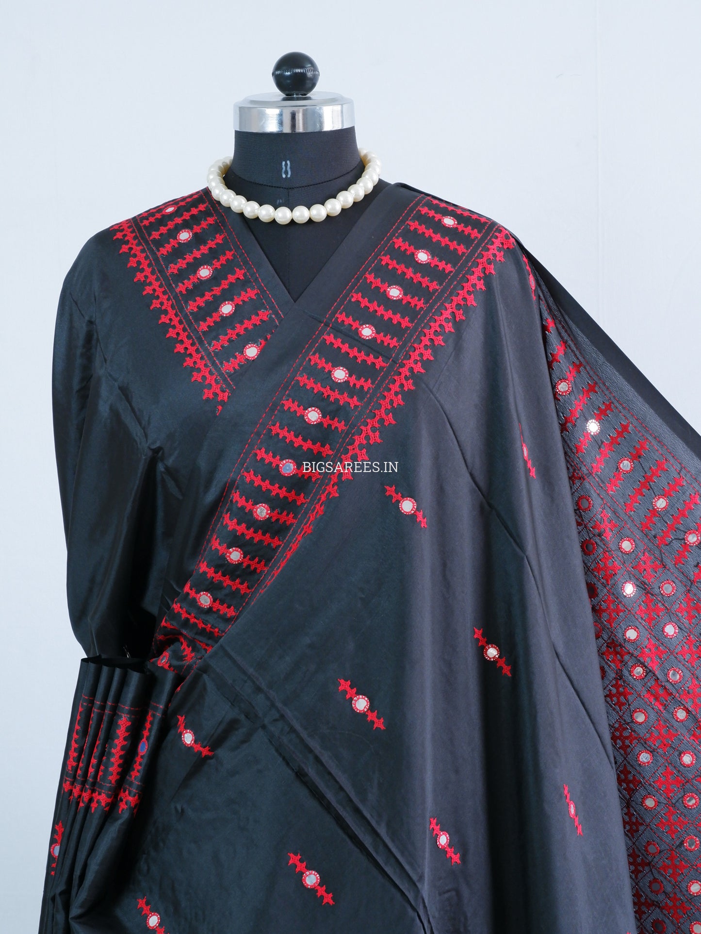 Kutchi/Gujarati Hand Embroidered Saree  | Blended Bangalore Silk / Art Silk | Black
