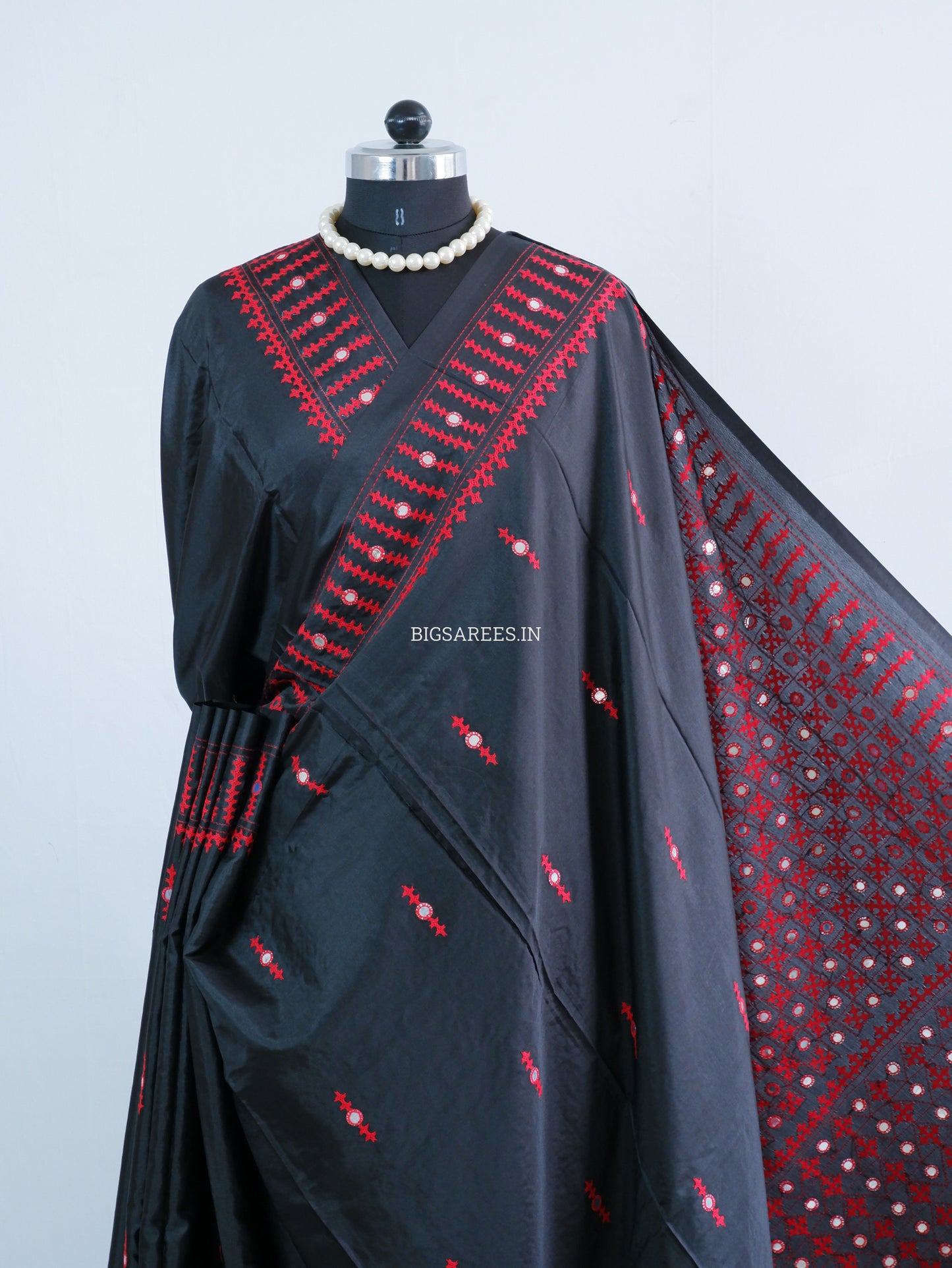 Kutchi/Gujarati Hand Embroidered Saree  | Blended Bangalore Silk / Art Silk | Black