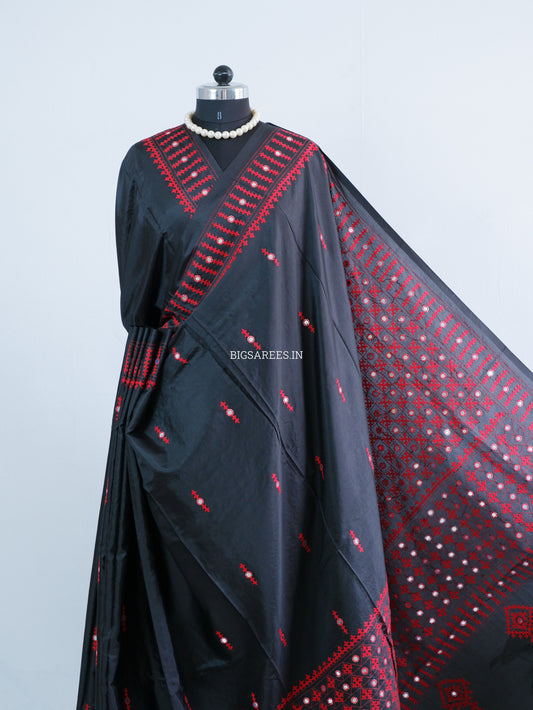 Kutchi/Gujarati Hand Embroidered Saree  | Blended Bangalore Silk / Art Silk | Black
