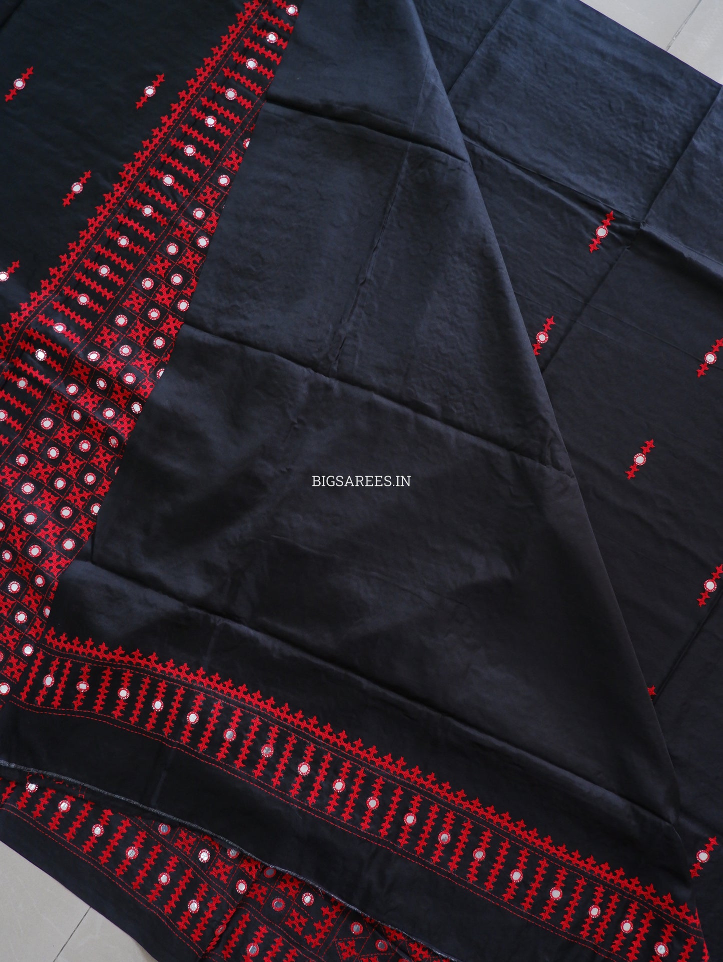 Kutchi/Gujarati Hand Embroidered Saree  | Blended Bangalore Silk / Art Silk | Black