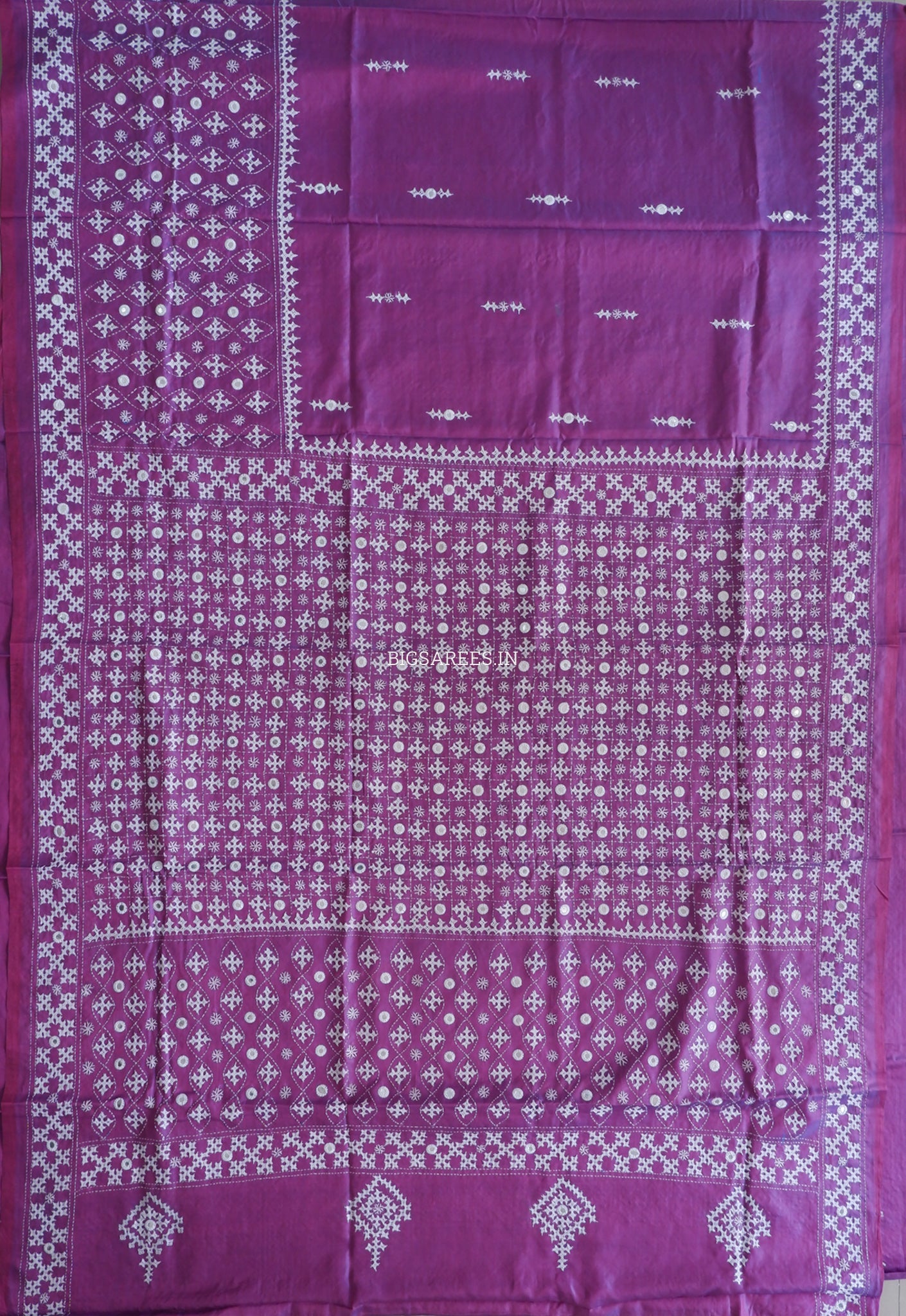 Kutchi/Gujarati Stitch Hand Embroidered Saree | Art Silk | Foil Mirror | Purple