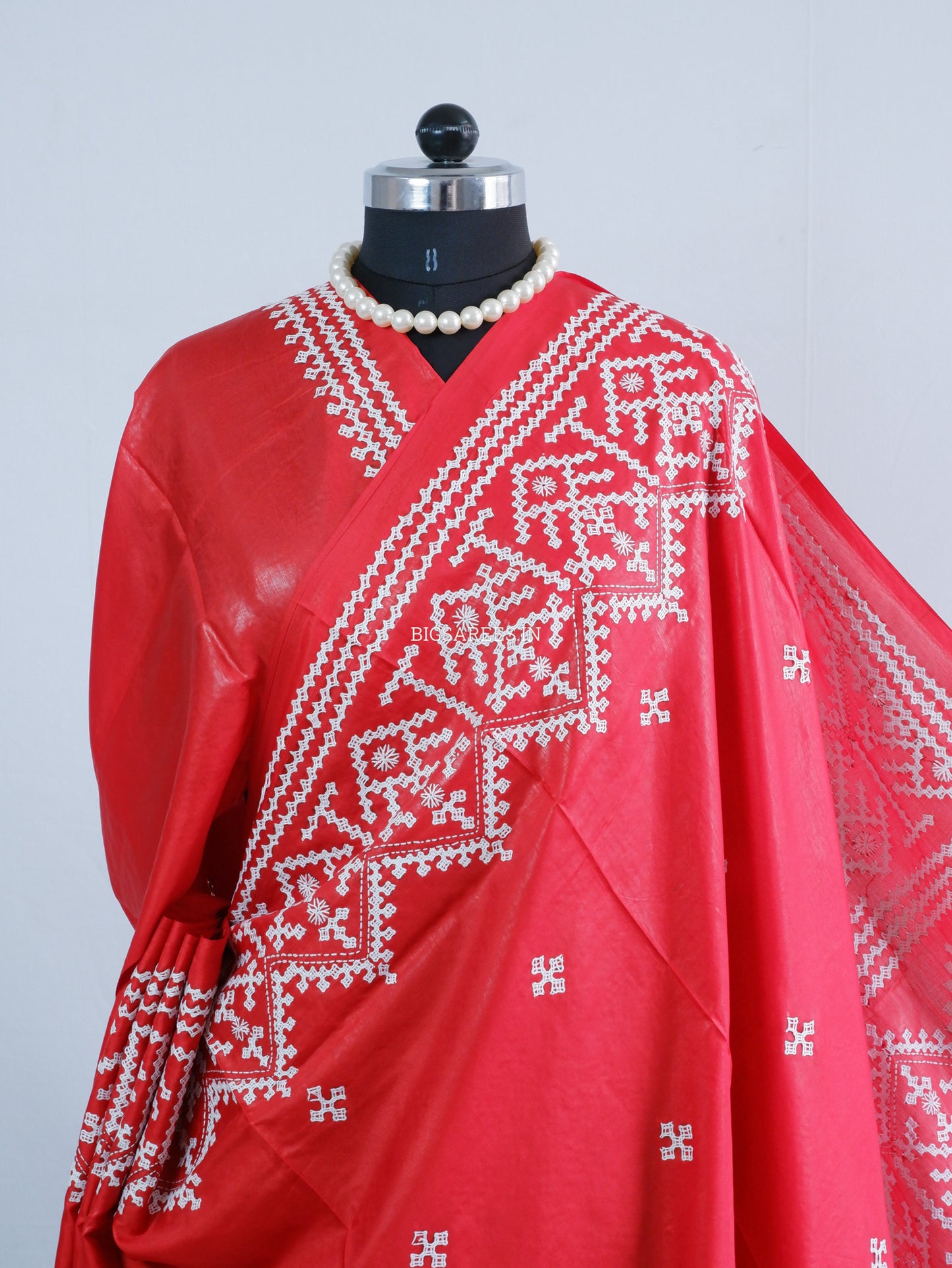 Kutchi/Gujarati Hand Embroidered Saree  | Blended Bangalore Silk / Art Silk | Red