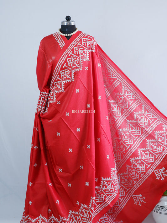 Kutchi/Gujarati Hand Embroidered Saree  | Blended Bangalore Silk / Art Silk | Red