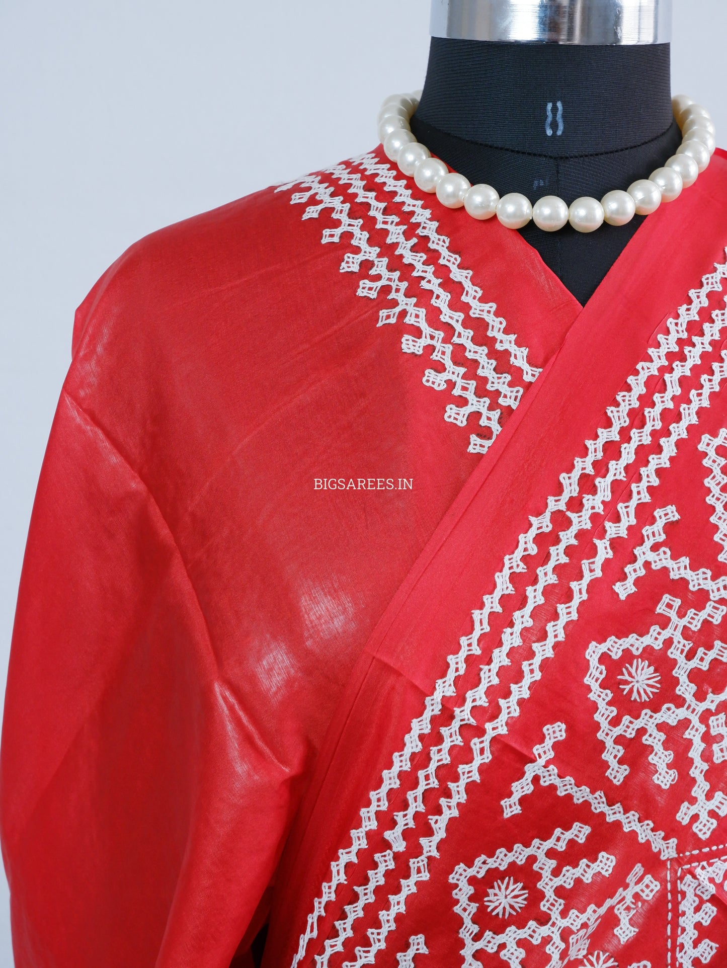 Kutchi/Gujarati Hand Embroidered Saree  | Blended Bangalore Silk / Art Silk | Red
