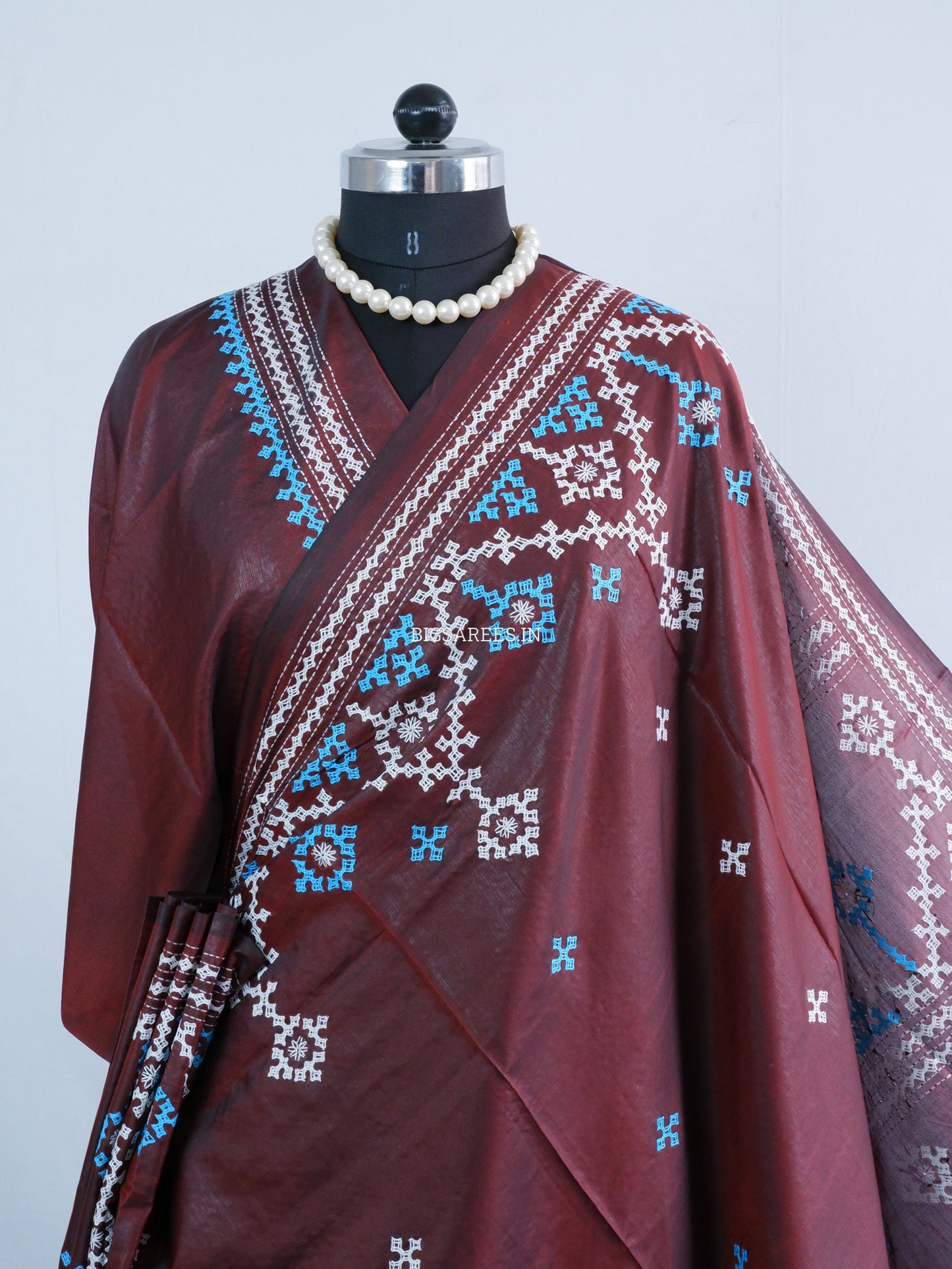 Kutchi/Gujarati Hand Embroidered Saree  | Blended Bangalore Silk / Art Silk | Maroon