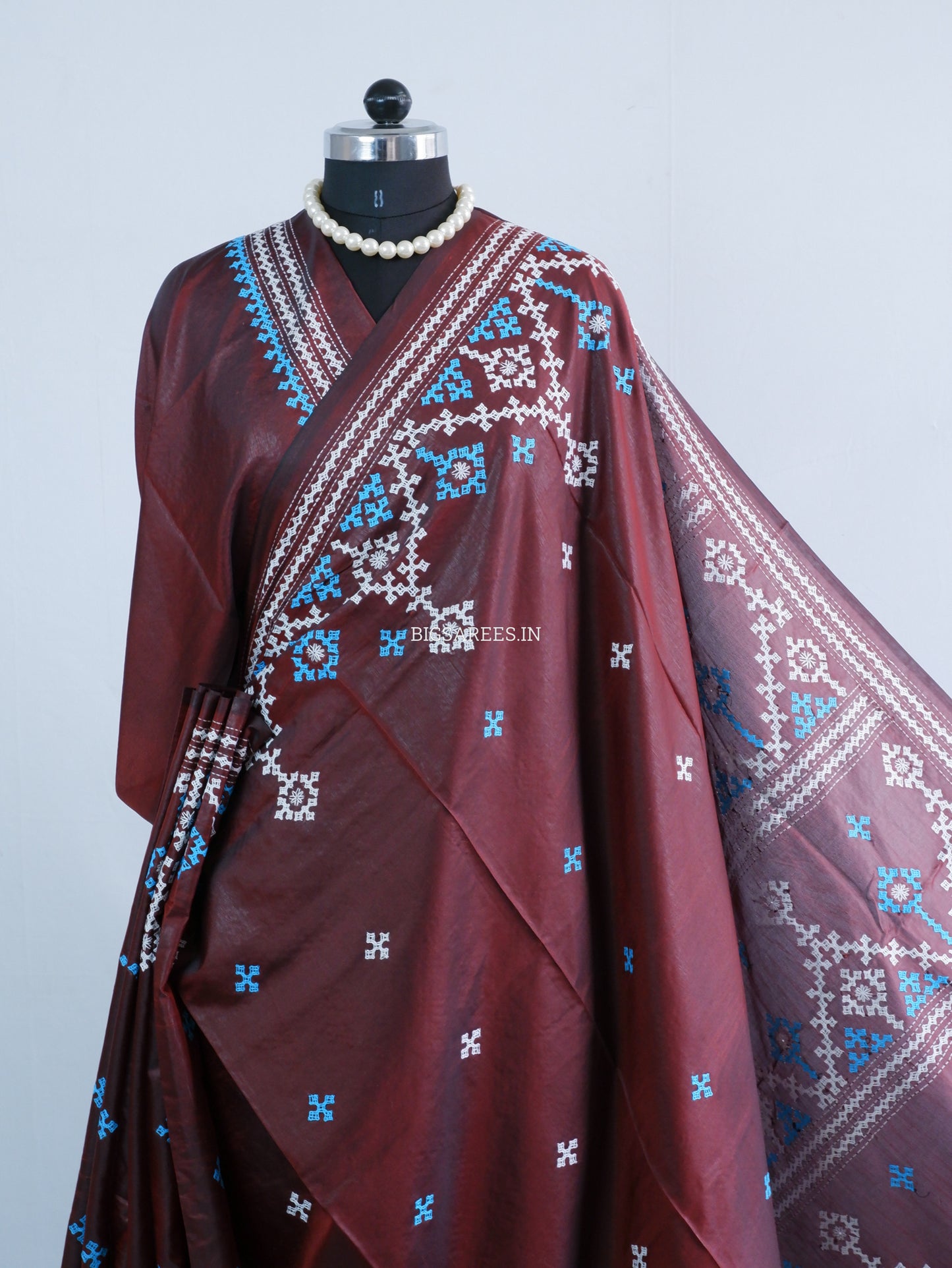 Kutchi/Gujarati Hand Embroidered Saree  | Blended Bangalore Silk / Art Silk | Maroon