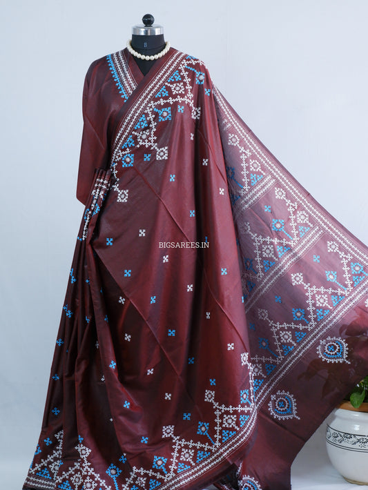 Kutchi/Gujarati Hand Embroidered Saree  | Blended Bangalore Silk / Art Silk | Maroon