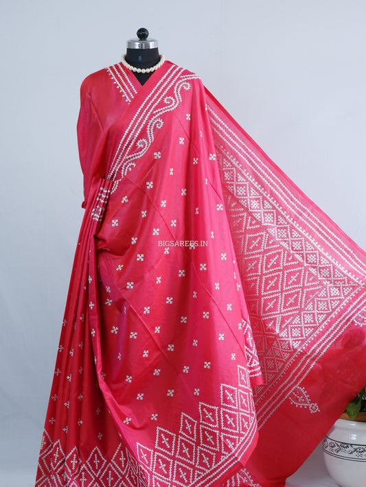Kutchi Hand Embroidered Saree | Blended Bangalore Silk / Art Silk | Dual Tone (Red/Pink)