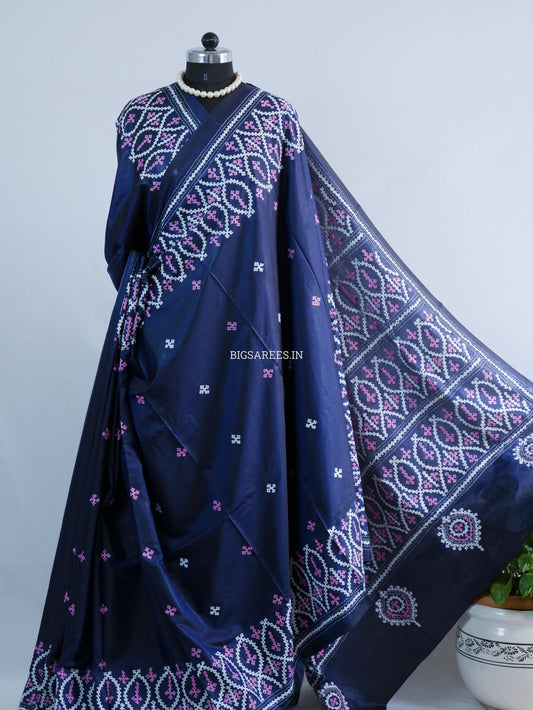 Kutchi/Gujarati Hand Embroidered Saree  | Blended Bangalore Silk / Art Silk | Navy Blue