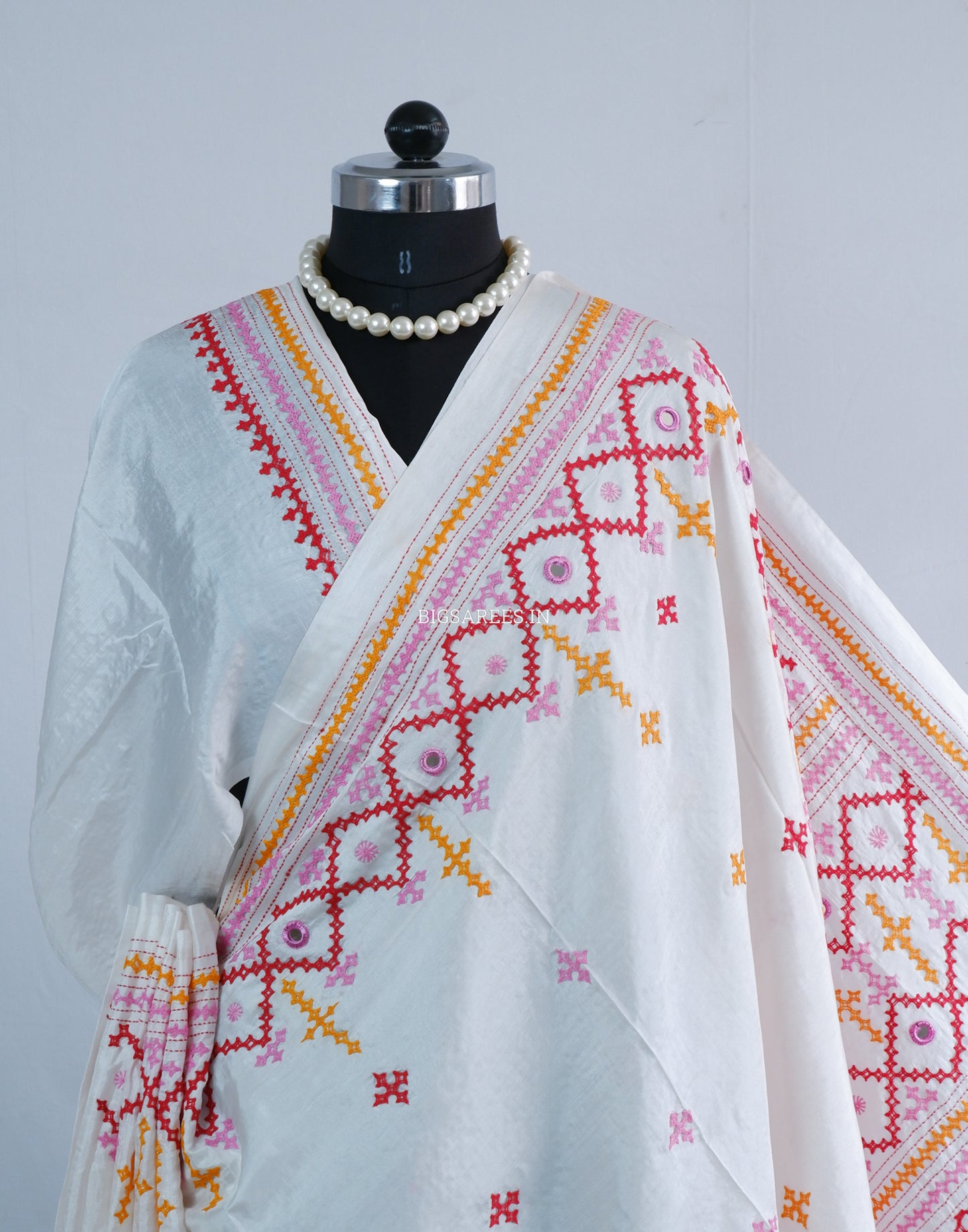 Kutchi/Gujarati Stitch Hand Embroidered Saree | Art Silk | Real Mirror Work | White