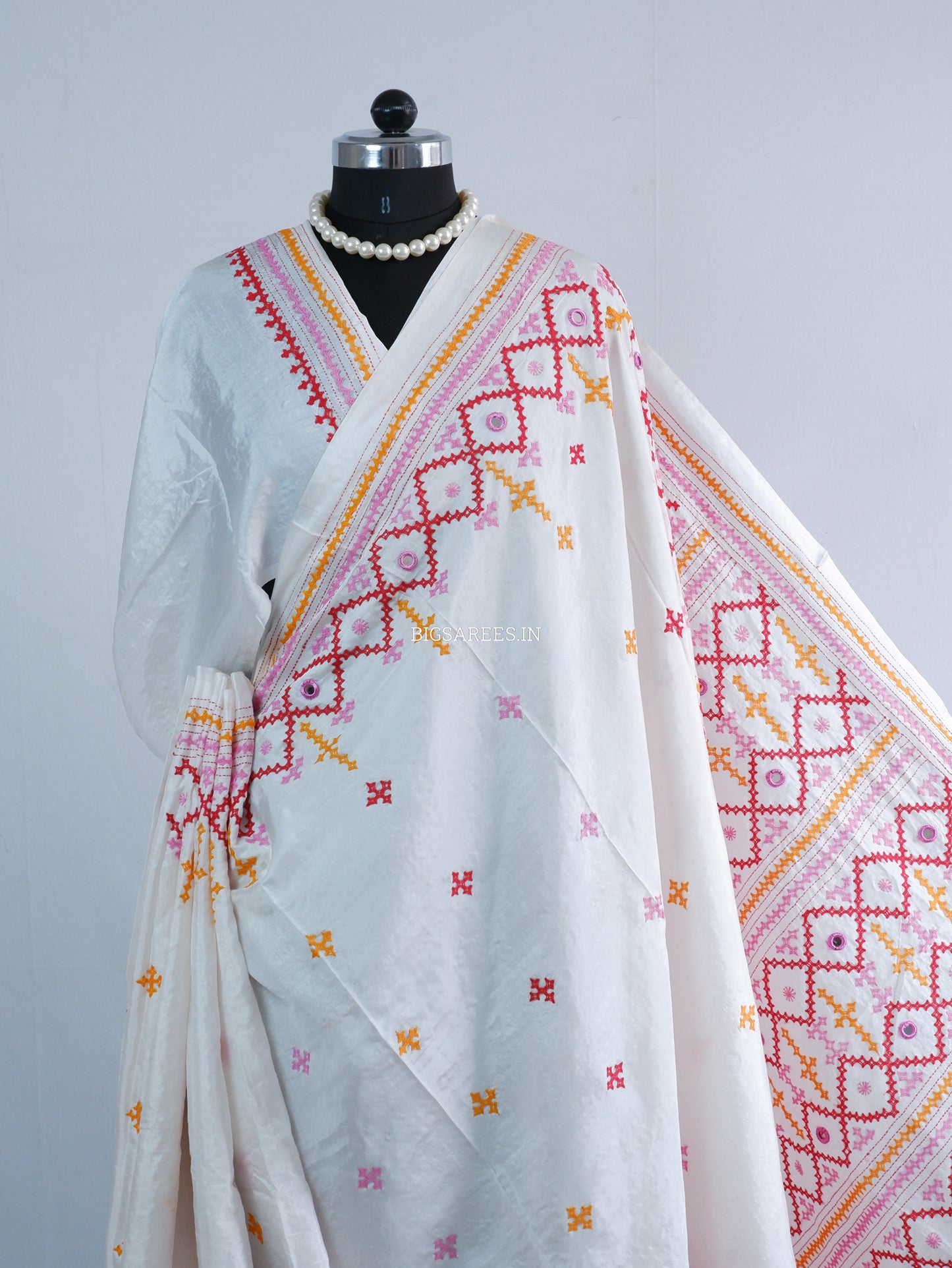 Kutchi/Gujarati Stitch Hand Embroidered Saree | Art Silk | Real Mirror Work | White