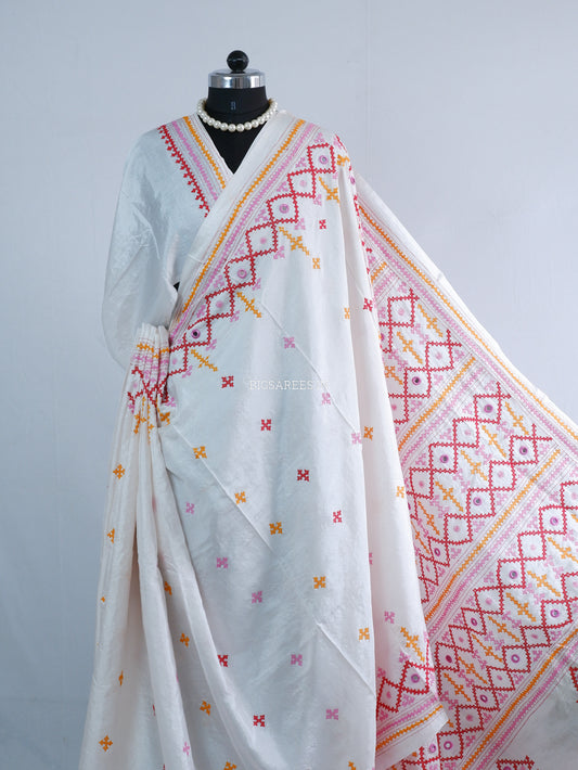 Kutchi/Gujarati Stitch Hand Embroidered Saree | Art Silk | Real Mirror Work | White