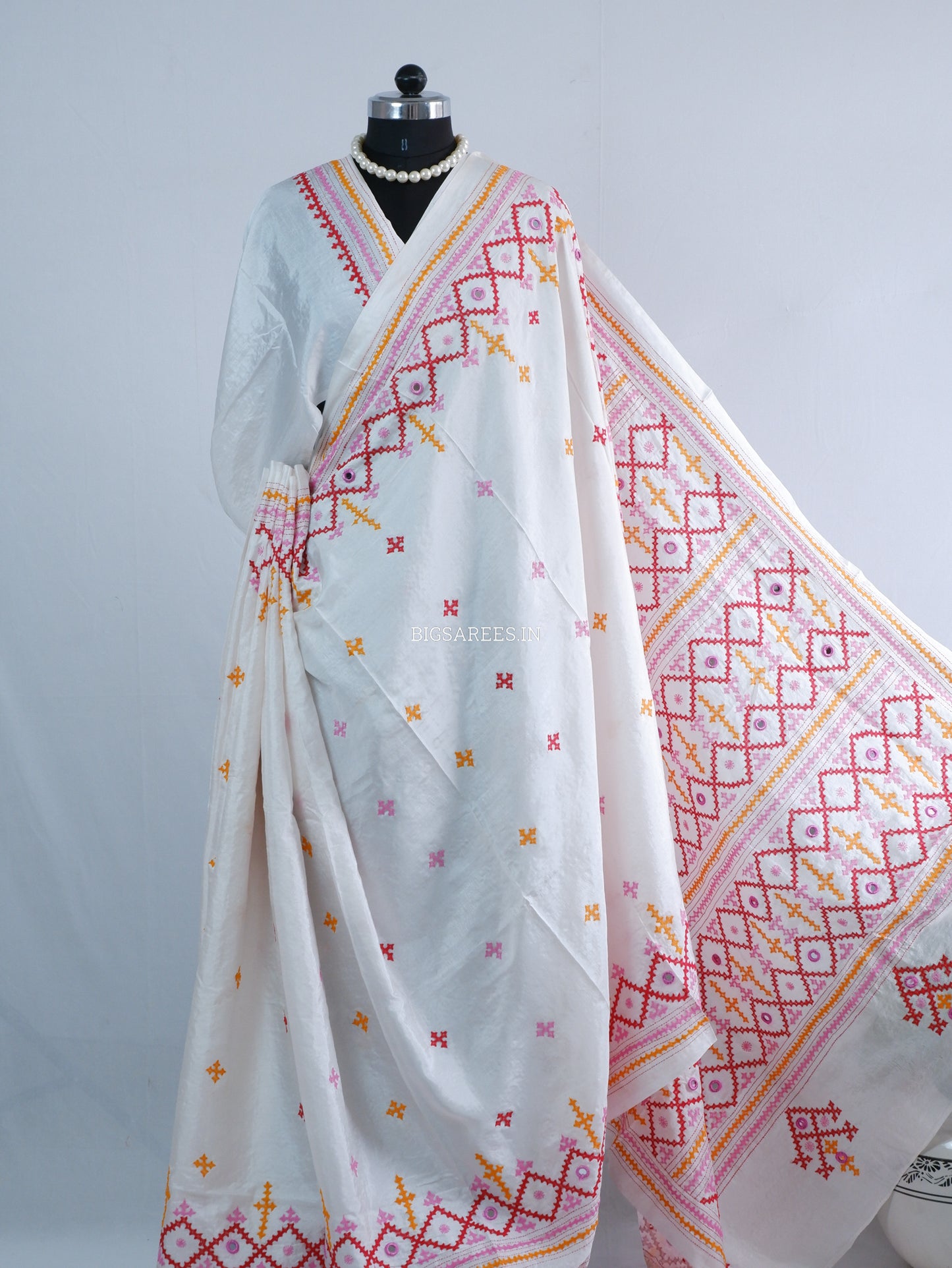 Kutchi/Gujarati Stitch Hand Embroidered Saree | Art Silk | Real Mirror Work | White