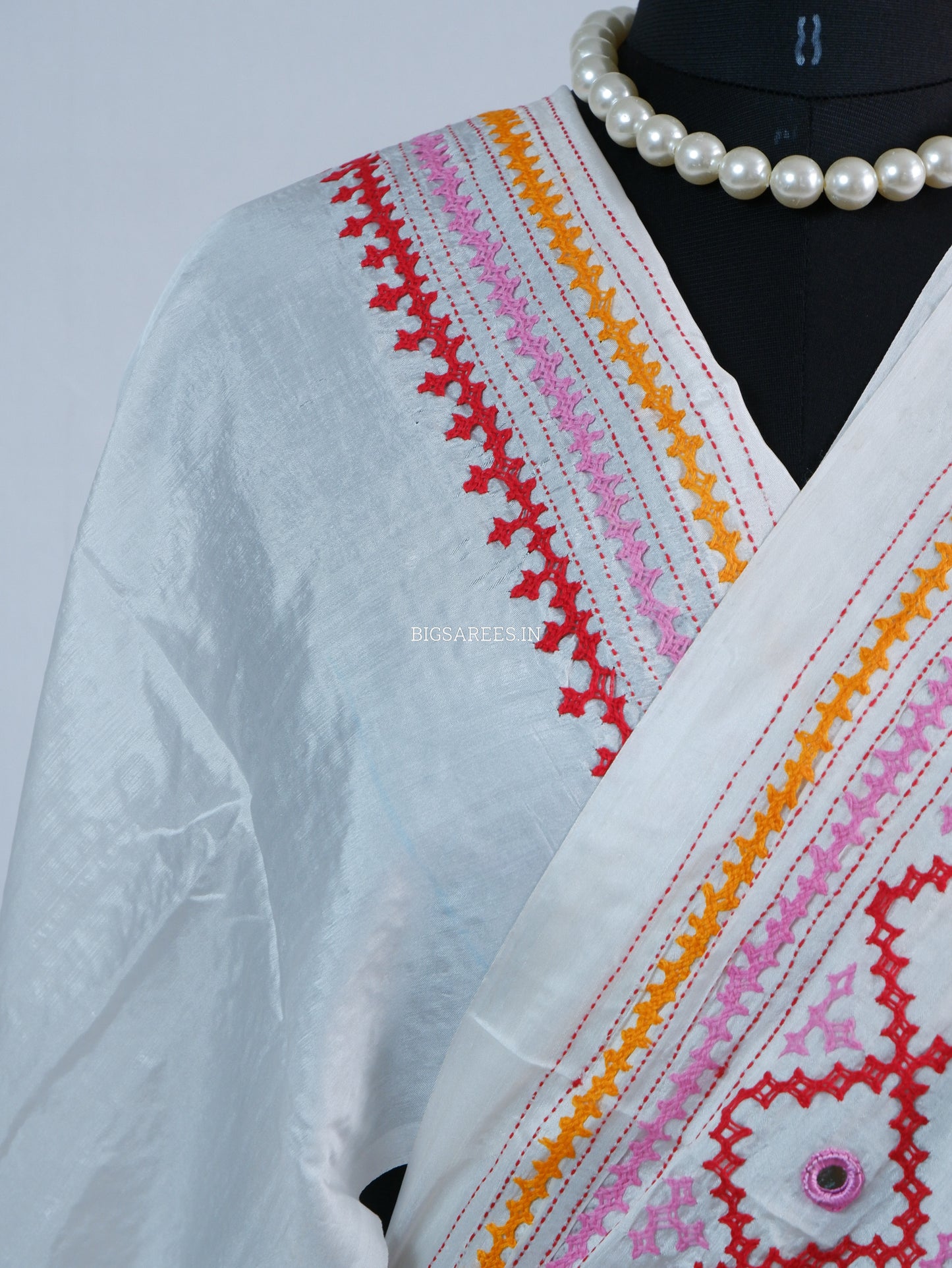 Kutchi/Gujarati Stitch Hand Embroidered Saree | Art Silk | Real Mirror Work | White