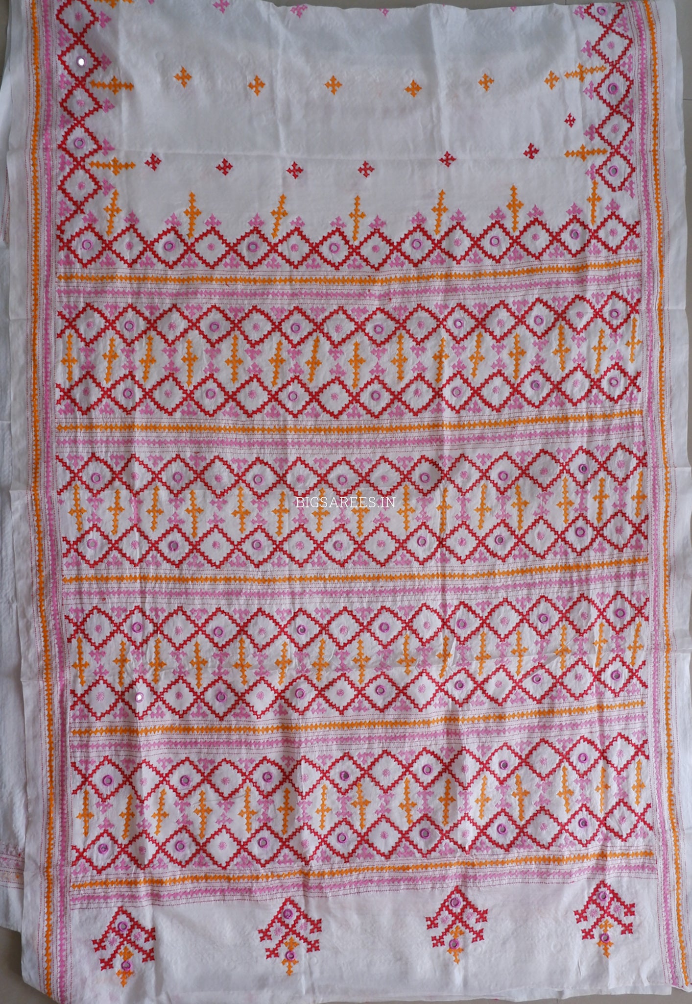 Kutchi/Gujarati Stitch Hand Embroidered Saree | Art Silk | Real Mirror Work | White