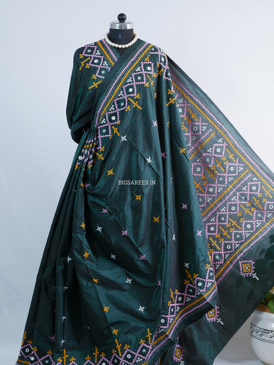 Kutchi Hand Embroidered Saree | Blended Bangalore Silk / Art Silk | Real Mirror Work | Forest Green