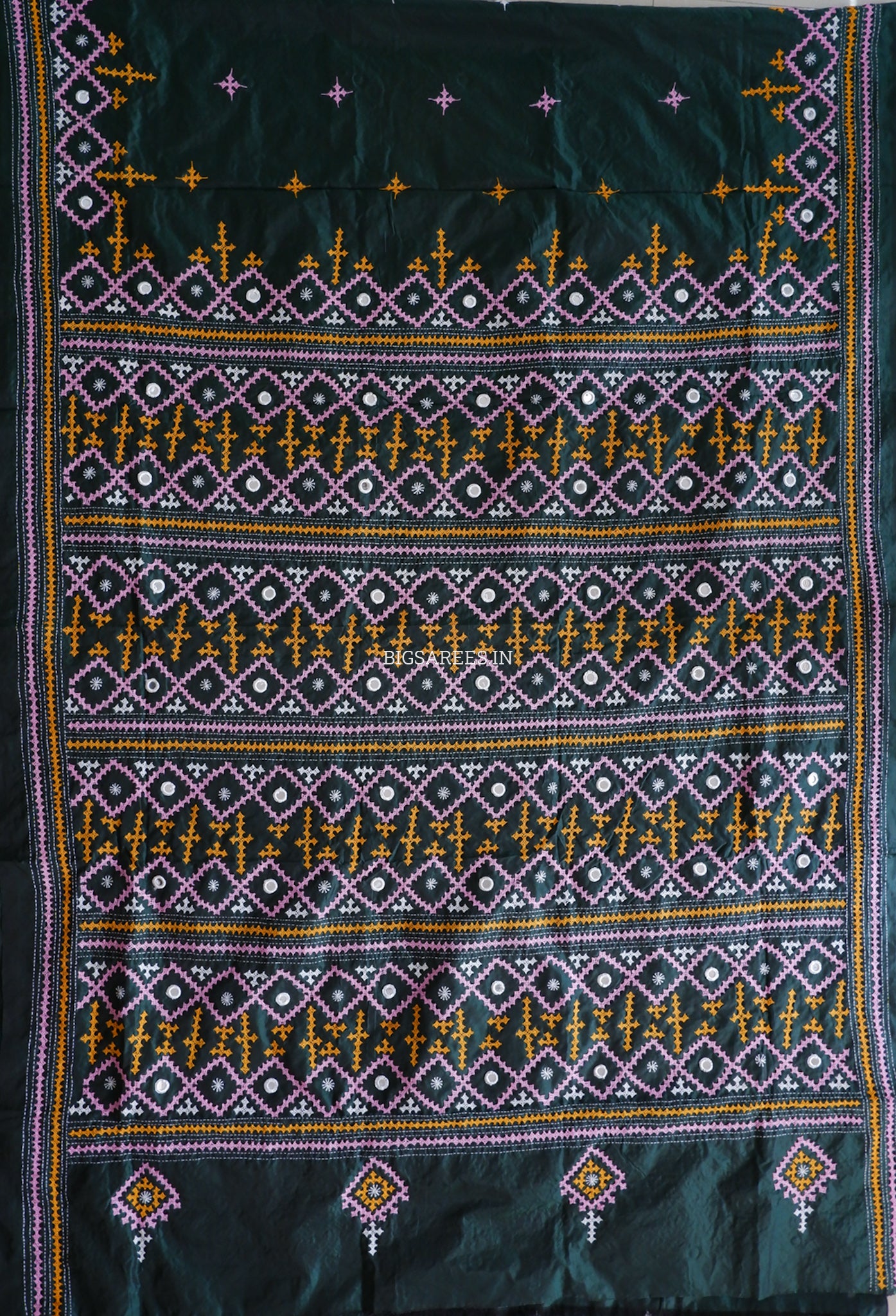 Kutchi Hand Embroidered Saree | Blended Bangalore Silk / Art Silk | Real Mirror Work | Forest Green