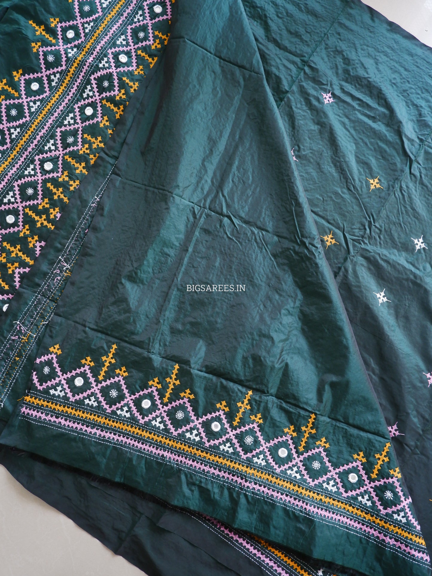 Kutchi Hand Embroidered Saree | Blended Bangalore Silk / Art Silk | Real Mirror Work | Forest Green