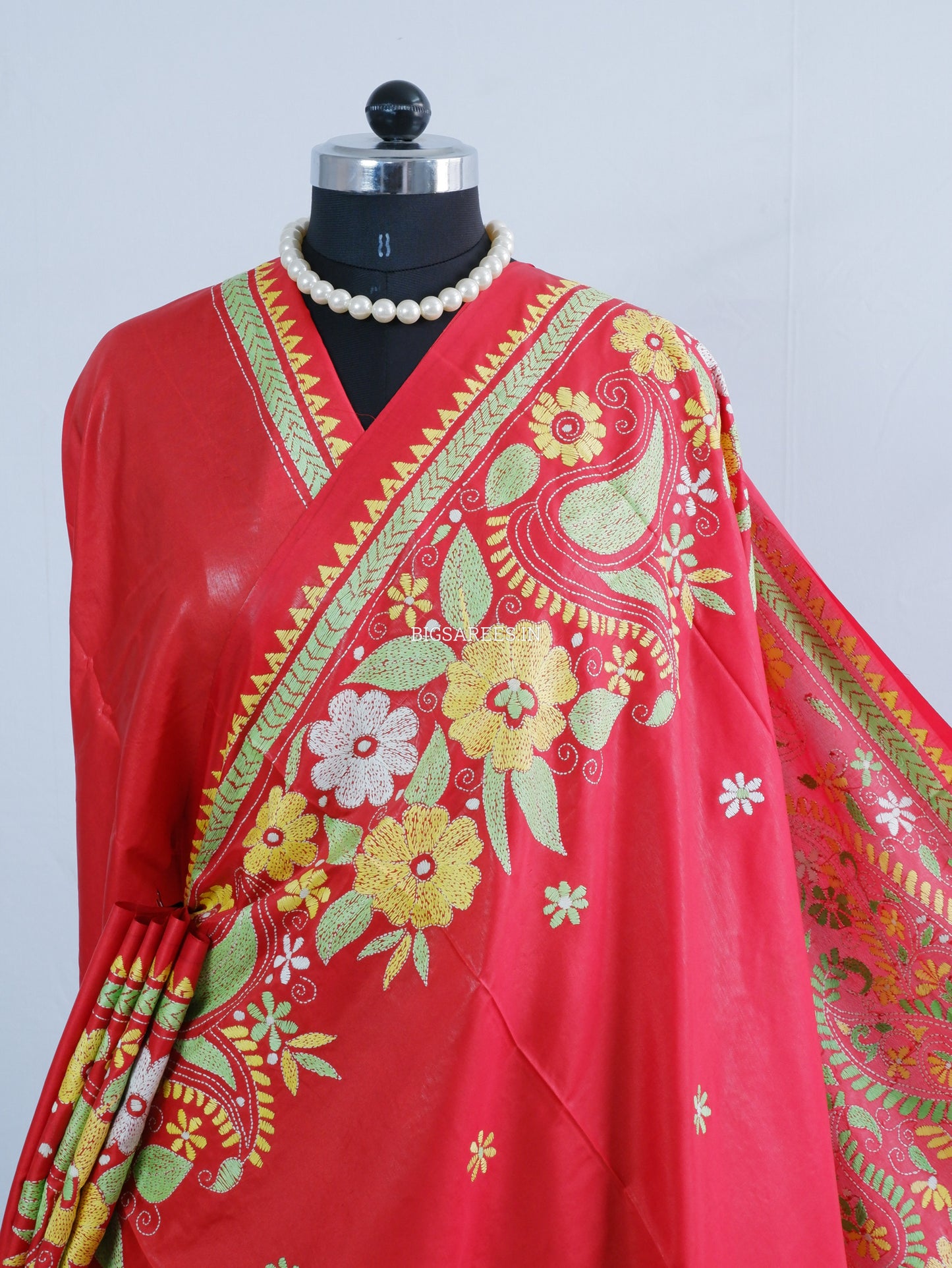 Kantha Stitch Hand Embroidered Saree | Blended Bangalore Silk / Art Silk | Red