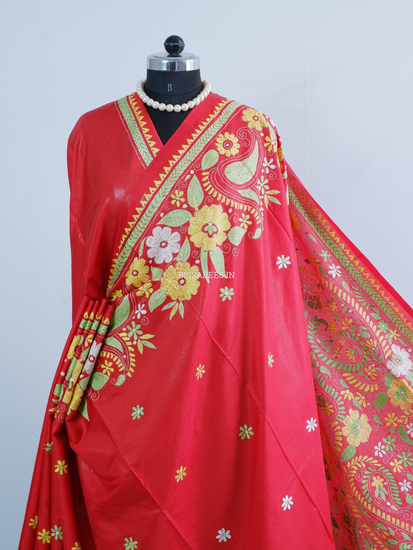 Kantha Stitch Hand Embroidered Saree | Blended Bangalore Silk / Art Silk | Red