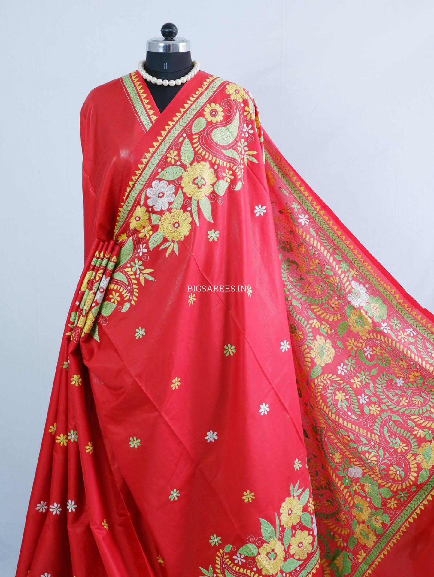 Kantha Stitch Hand Embroidered Saree | Blended Bangalore Silk / Art Silk | Red