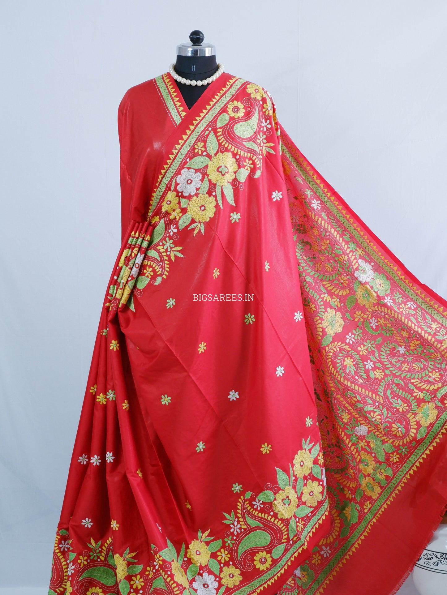 Kantha Stitch Hand Embroidered Saree | Blended Bangalore Silk / Art Silk | Red
