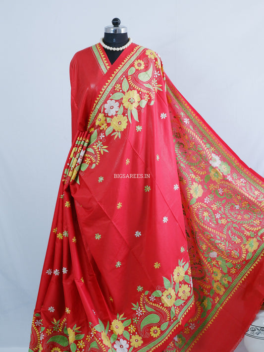 Kantha Stitch Hand Embroidered Saree | Blended Bangalore Silk / Art Silk | Red