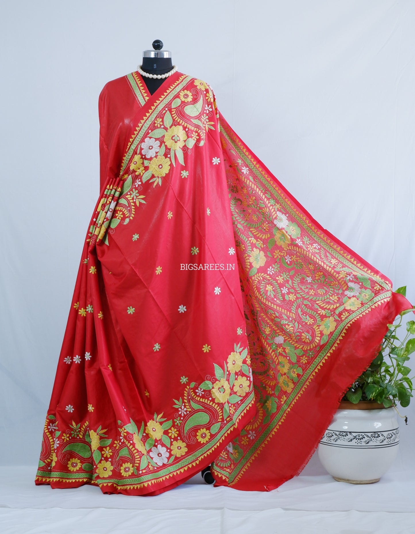 Kantha Stitch Hand Embroidered Saree | Blended Bangalore Silk / Art Silk | Red