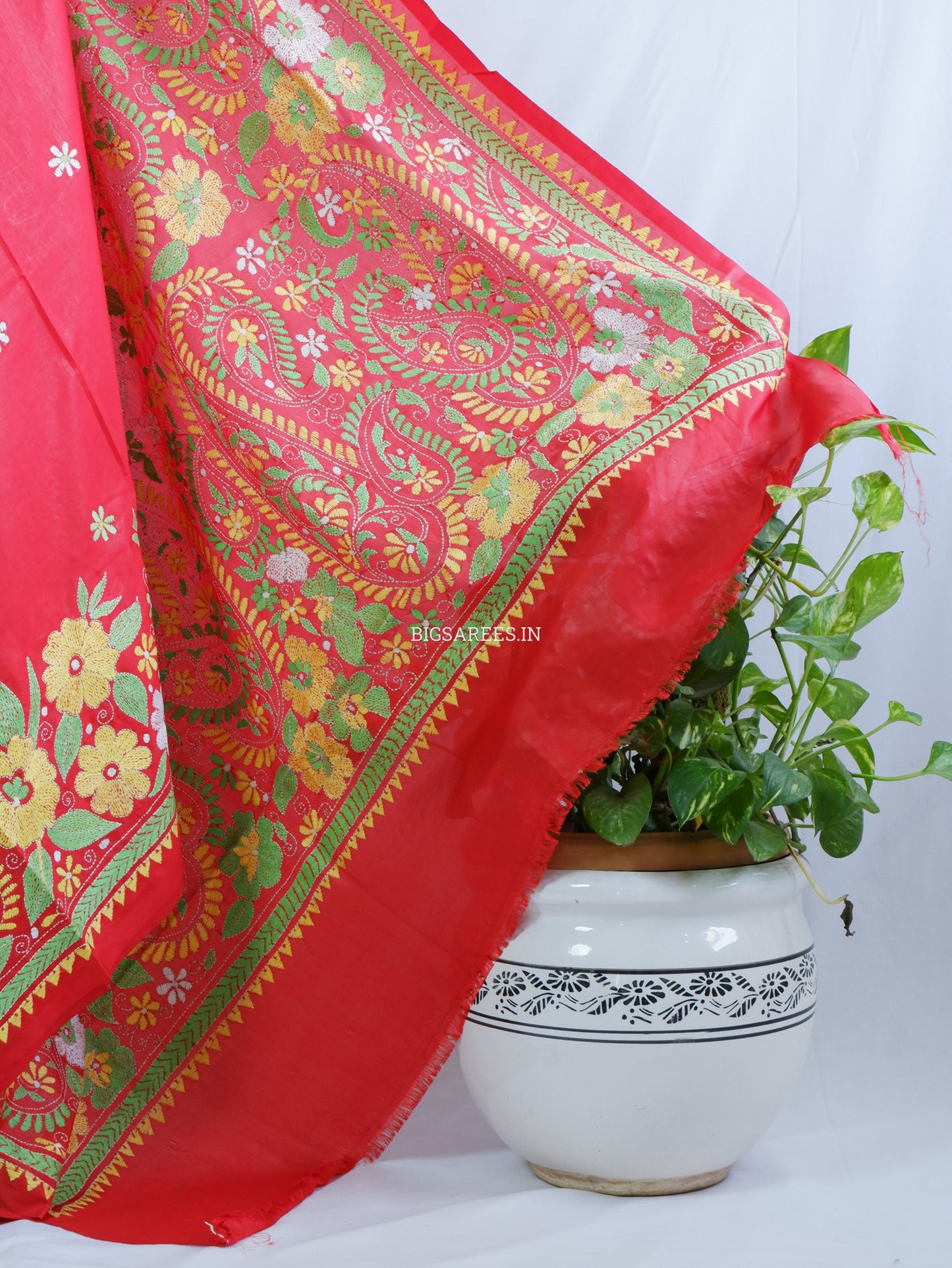 Kantha Stitch Hand Embroidered Saree | Blended Bangalore Silk / Art Silk | Red