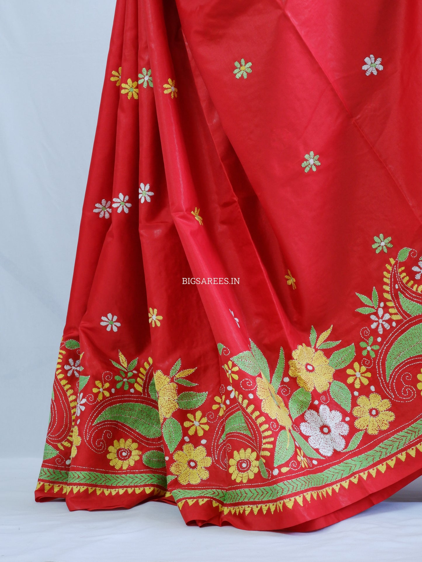 Kantha Stitch Hand Embroidered Saree | Blended Bangalore Silk / Art Silk | Red