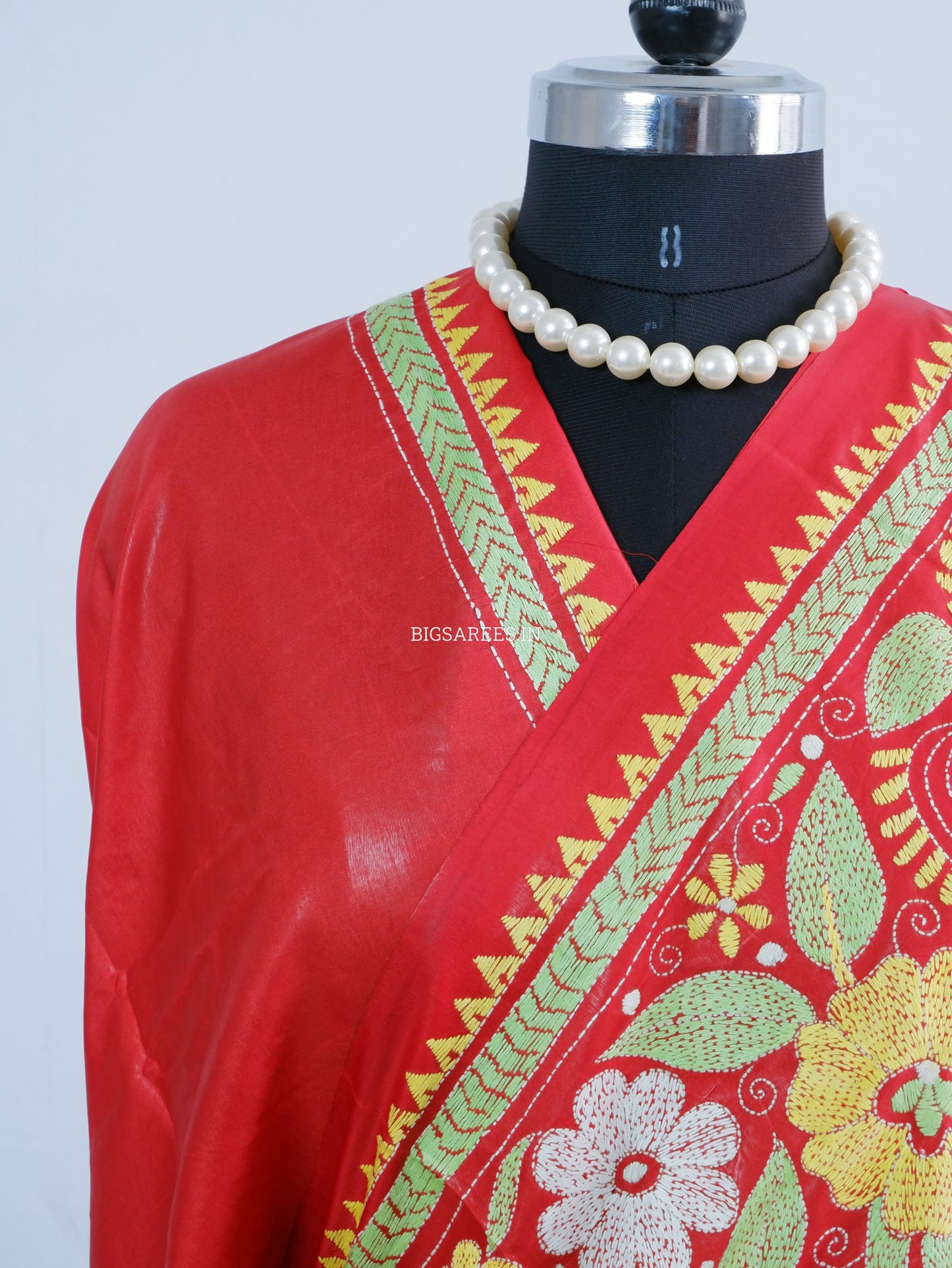 Kantha Stitch Hand Embroidered Saree | Blended Bangalore Silk / Art Silk | Red