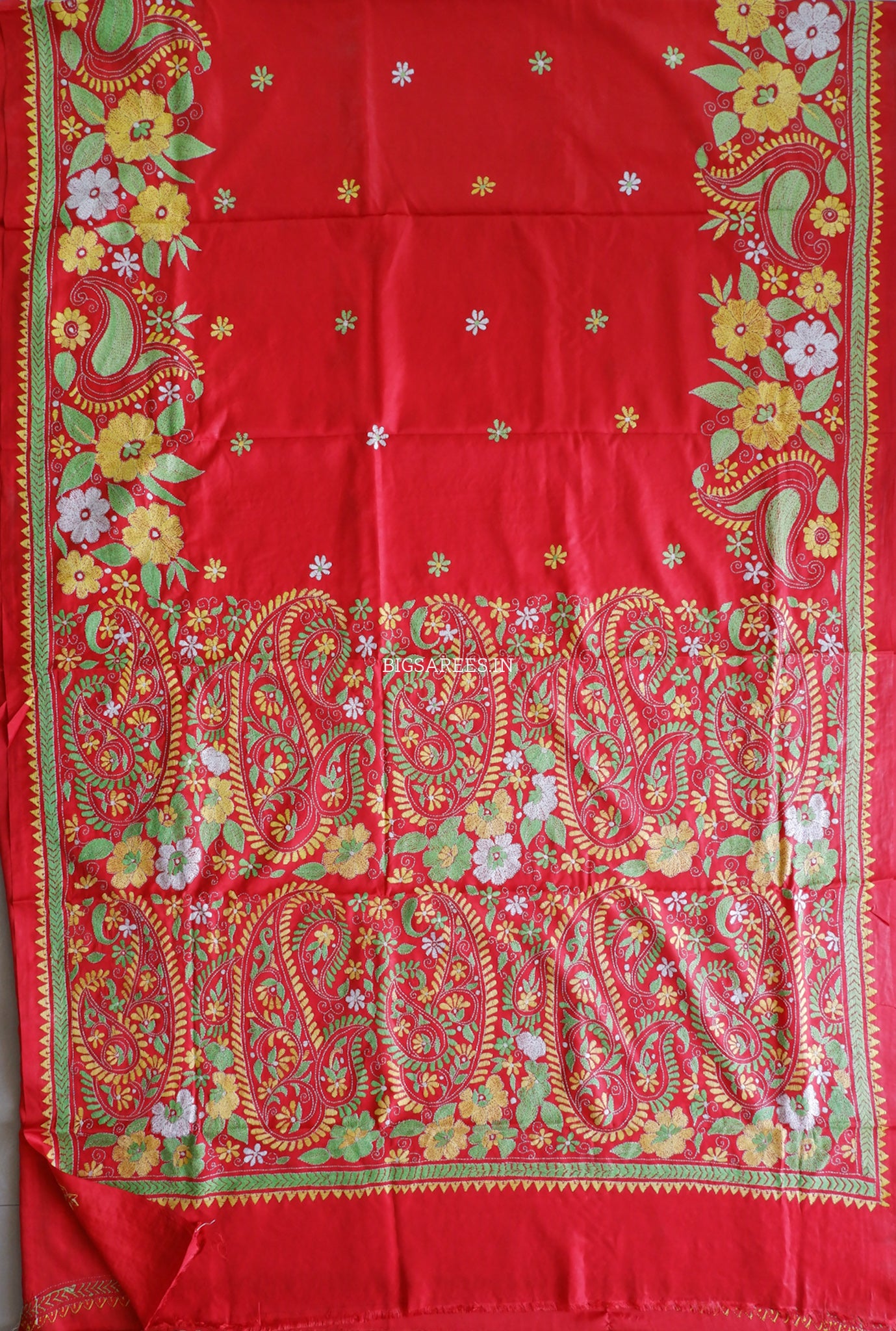 Kantha Stitch Hand Embroidered Saree | Blended Bangalore Silk / Art Silk | Red