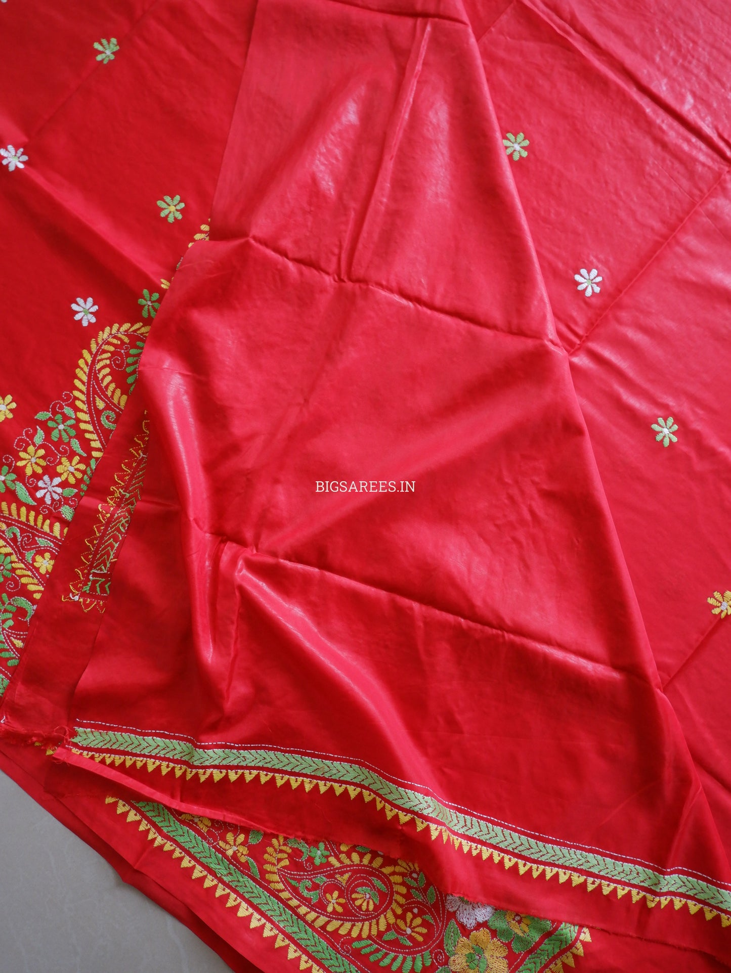 Kantha Stitch Hand Embroidered Saree | Blended Bangalore Silk / Art Silk | Red