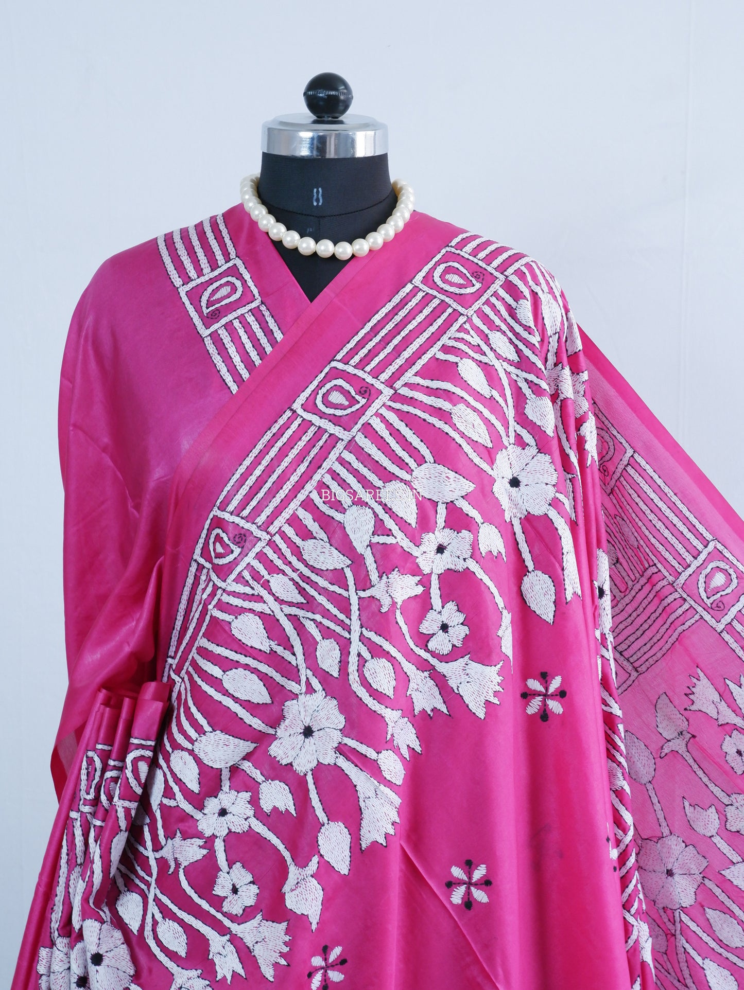 Kantha Stitch Hand Embroidered Saree | Blended Bangalore Silk / Art Silk | Pink