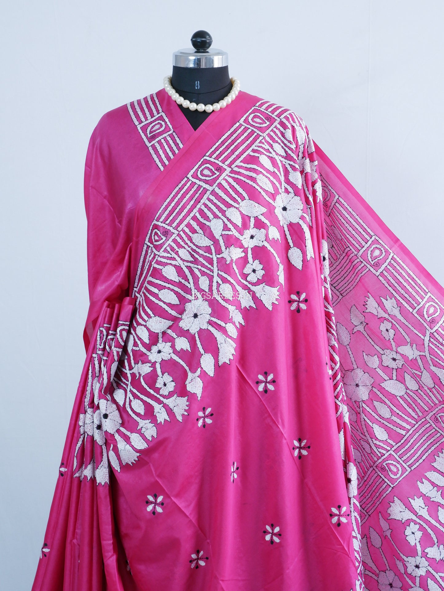 Kantha Stitch Hand Embroidered Saree | Blended Bangalore Silk / Art Silk | Pink