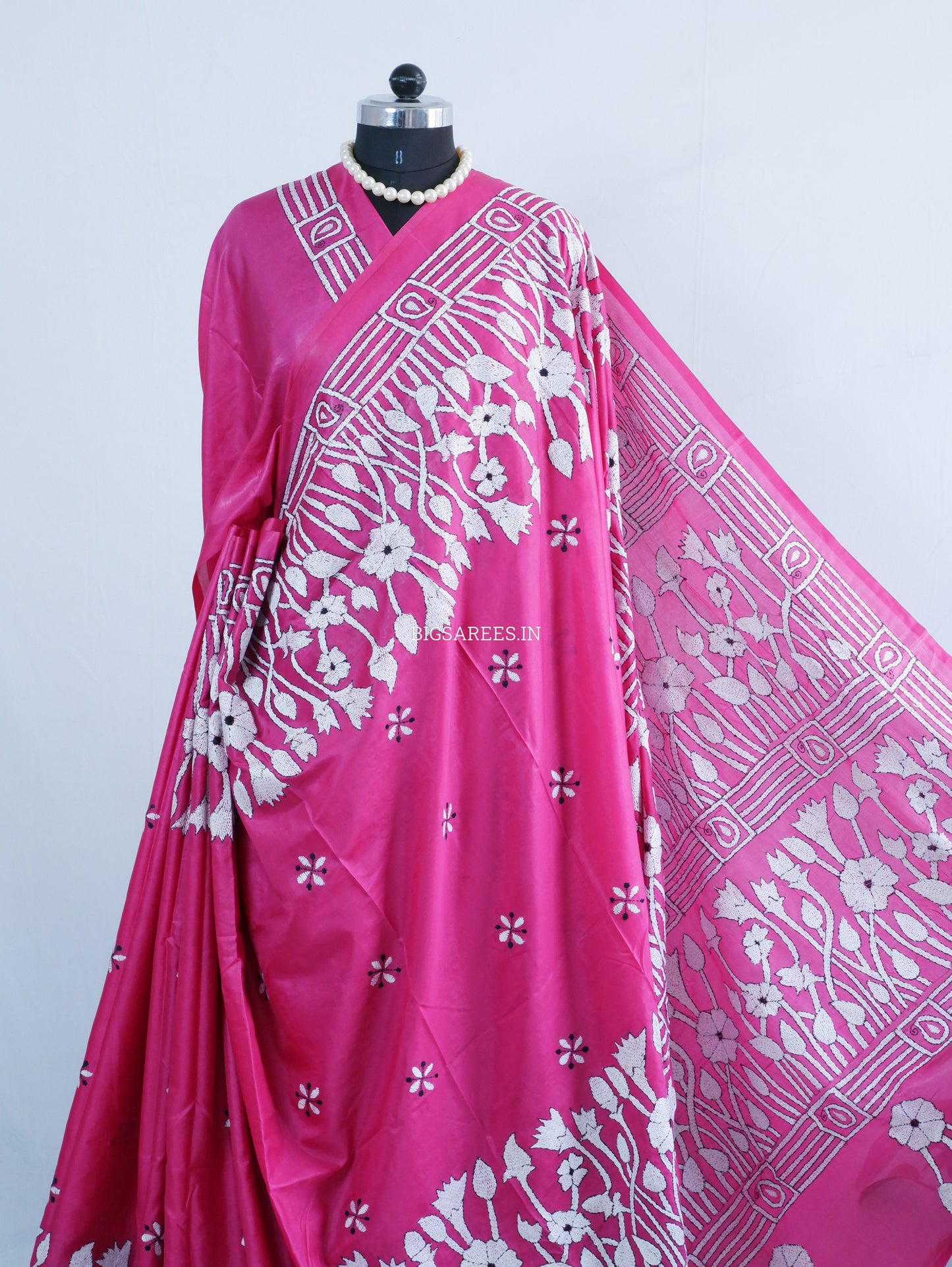 Kantha Stitch Hand Embroidered Saree | Blended Bangalore Silk / Art Silk | Pink