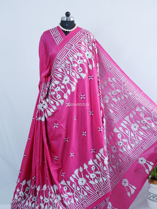 Kantha Stitch Hand Embroidered Saree | Blended Bangalore Silk / Art Silk | Pink