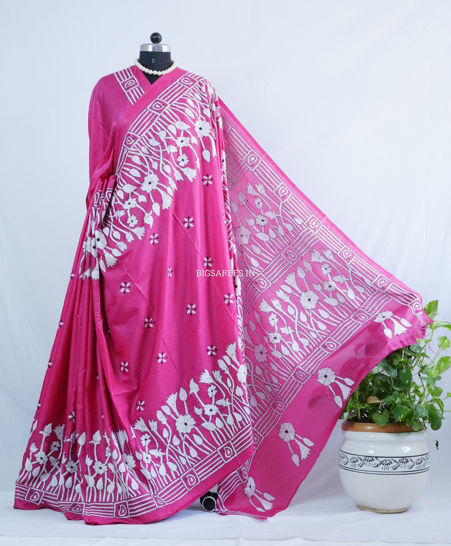 Kantha Stitch Hand Embroidered Saree | Blended Bangalore Silk / Art Silk | Pink