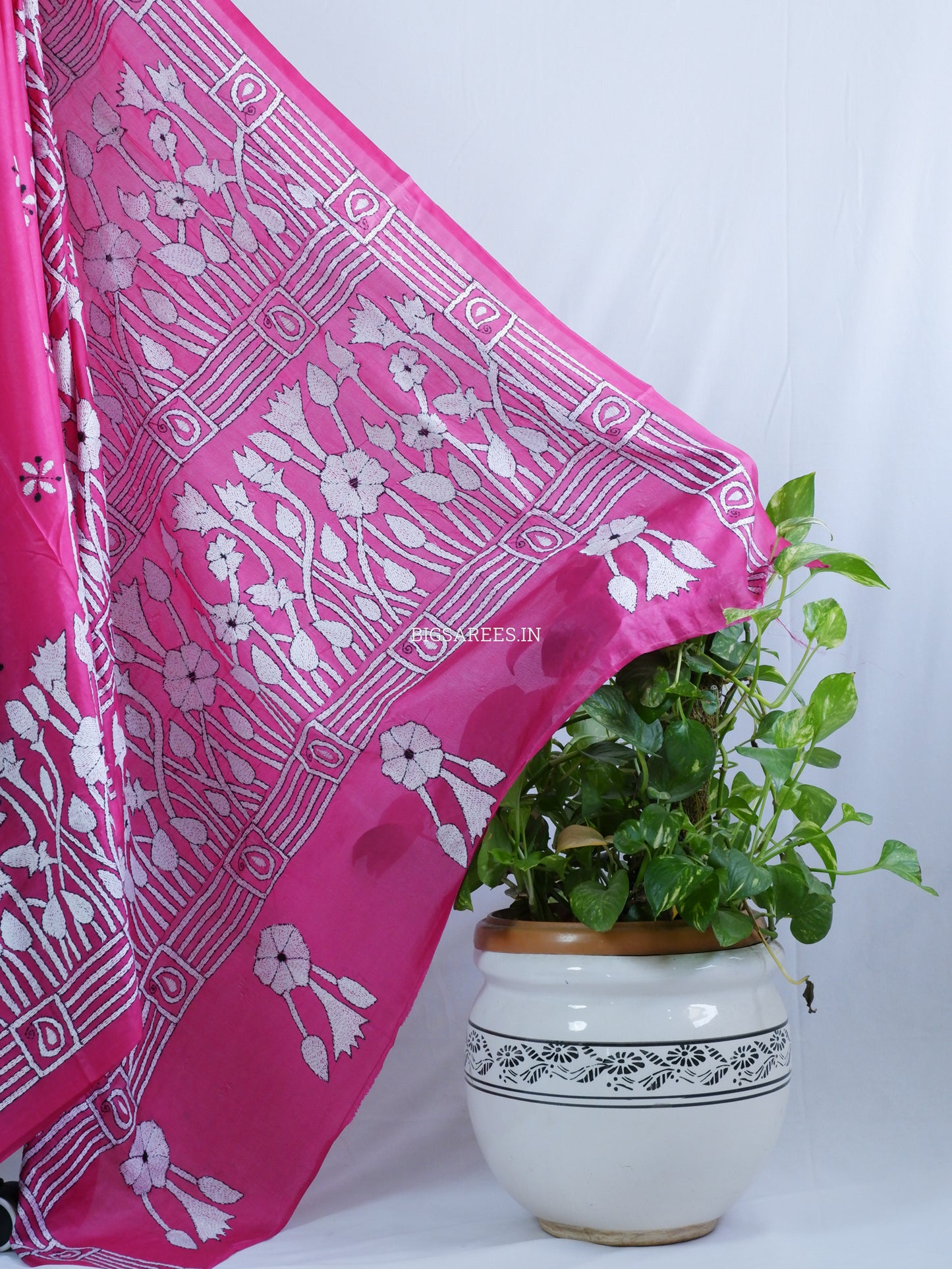 Kantha Stitch Hand Embroidered Saree | Blended Bangalore Silk / Art Silk | Pink