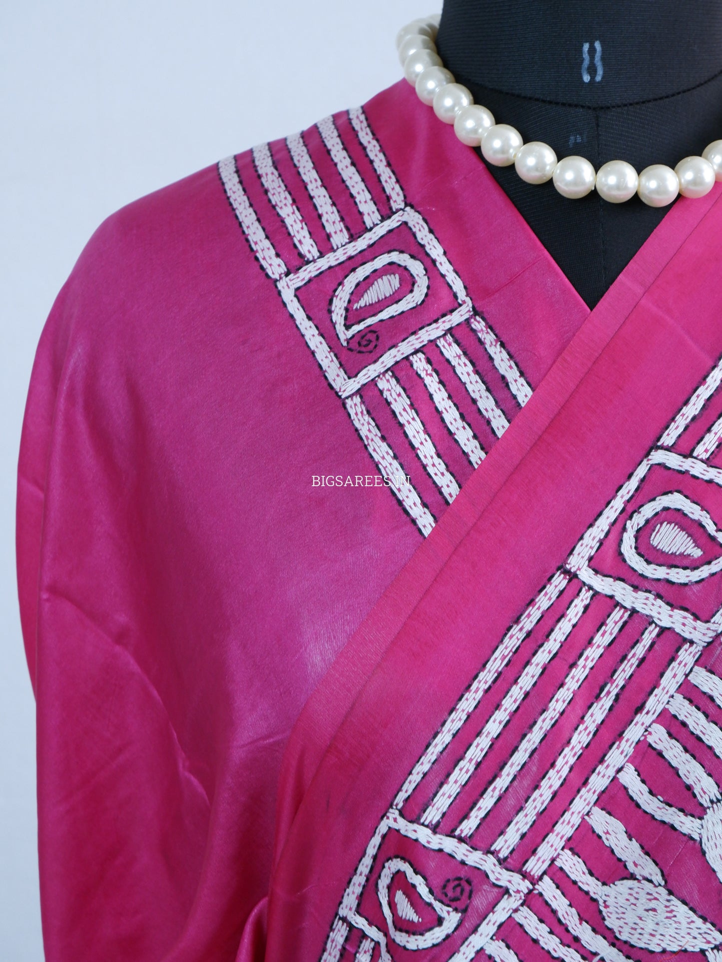 Kantha Stitch Hand Embroidered Saree | Blended Bangalore Silk / Art Silk | Pink